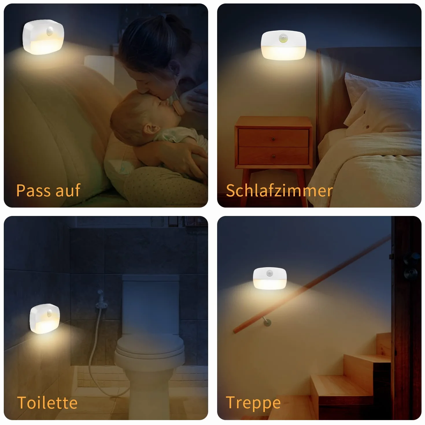 AmmToo Lot de 8 Veilleuses LED Blanc Chaud Capteur PIR 3-5m Extinction Auto 30s 0,5W Piles AAA