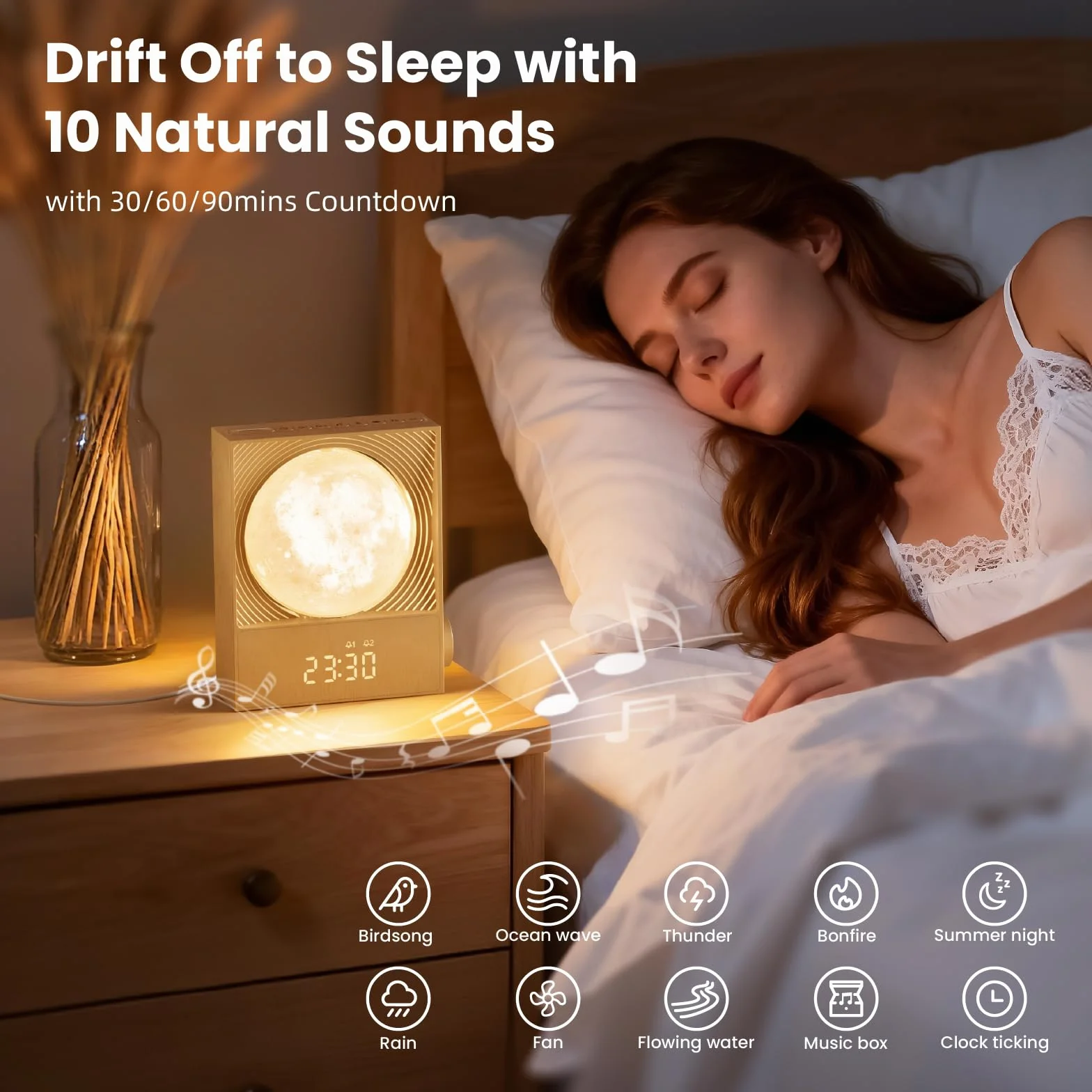 RETEYUNG Réveil Simulateur d'Aube avec Lampe Lunaire Rotative 15 Sonneries Veilleuse 8 Couleurs 3 Luminosités 10 Sons Naturels