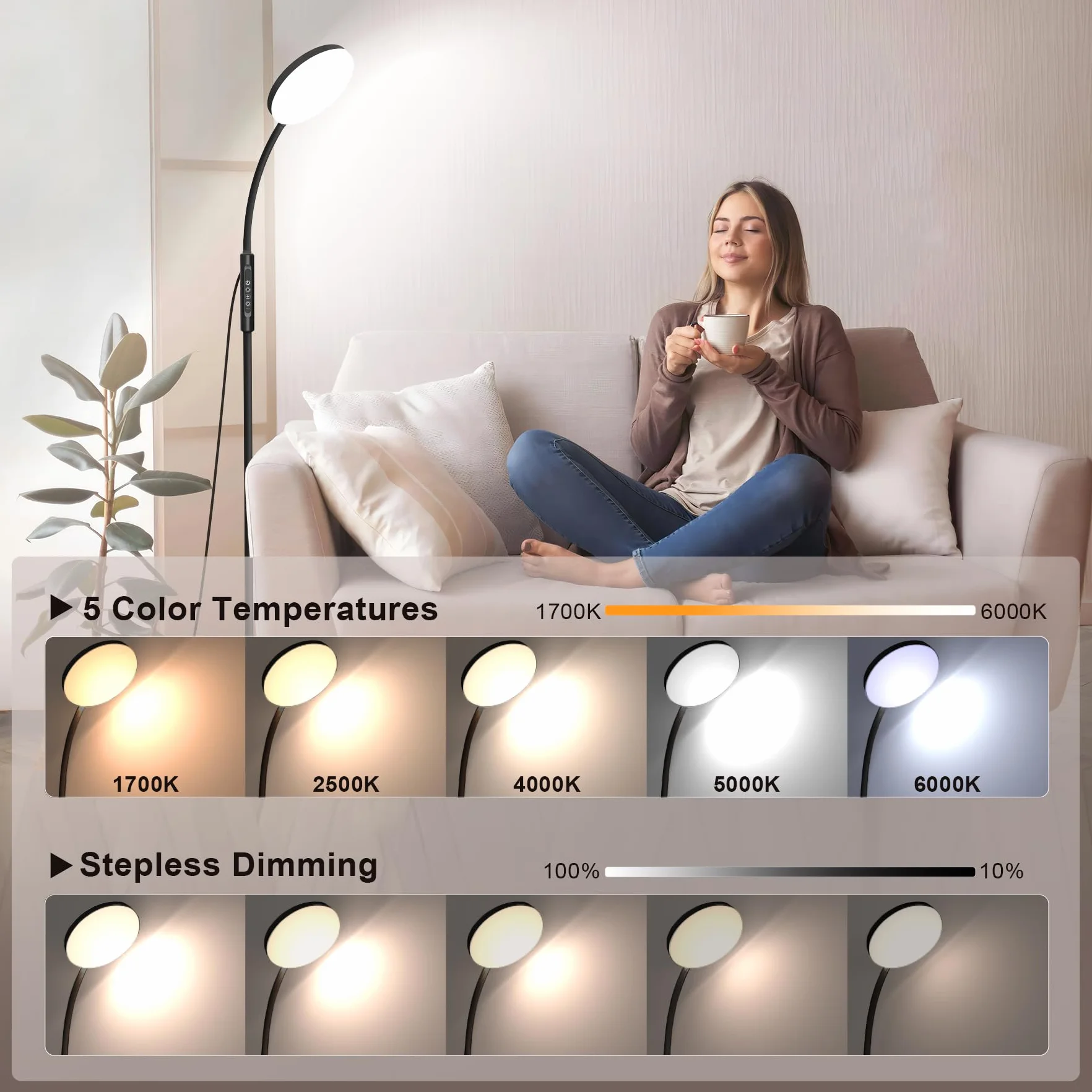 Mojimdo Lampadaire 20000 Lux Lampe à lumière du jour LED flexible intensité variable 5 couleurs 10 niveaux luminosité minuterie