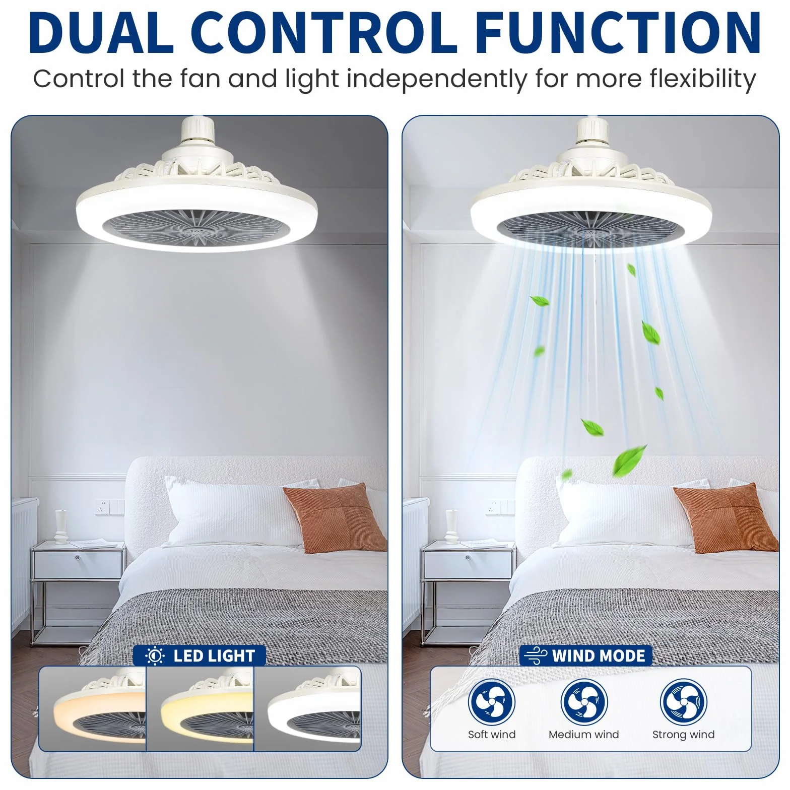 Ventilateur Plafond Silencieux 30W LED E27 avec Télécommande Dimmable 3 Vitesses Lampe Plafond pour Chambre Salon Cuisine