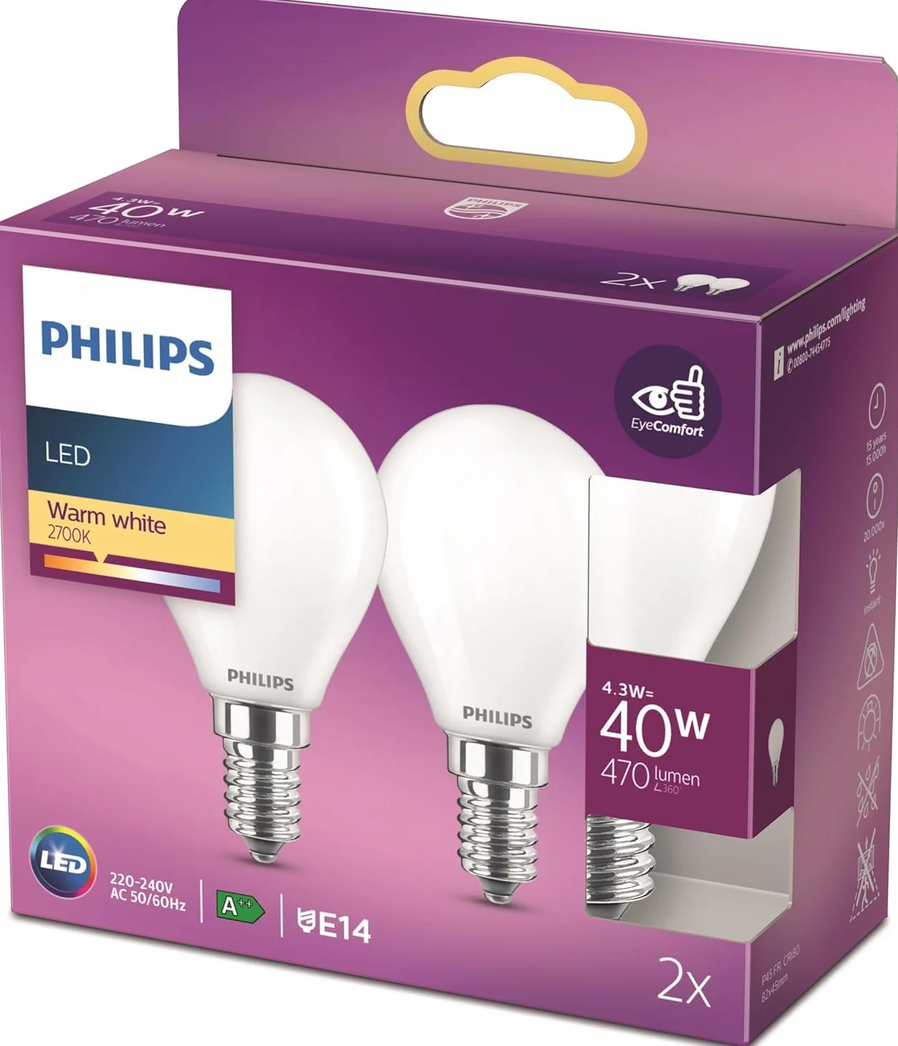Philips Lot de 2 ampoules LED Classic E14 40 W équivalent blanc chaud mat