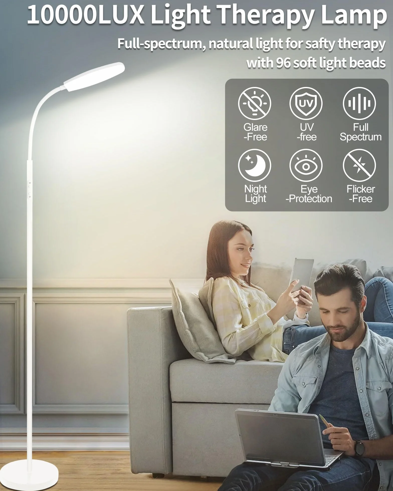 Lampe Luminothérapie 10000 Lux Sans UV, 10 Couleurs 6 Niveaux Luminosité Minuterie LED avec Télécommande