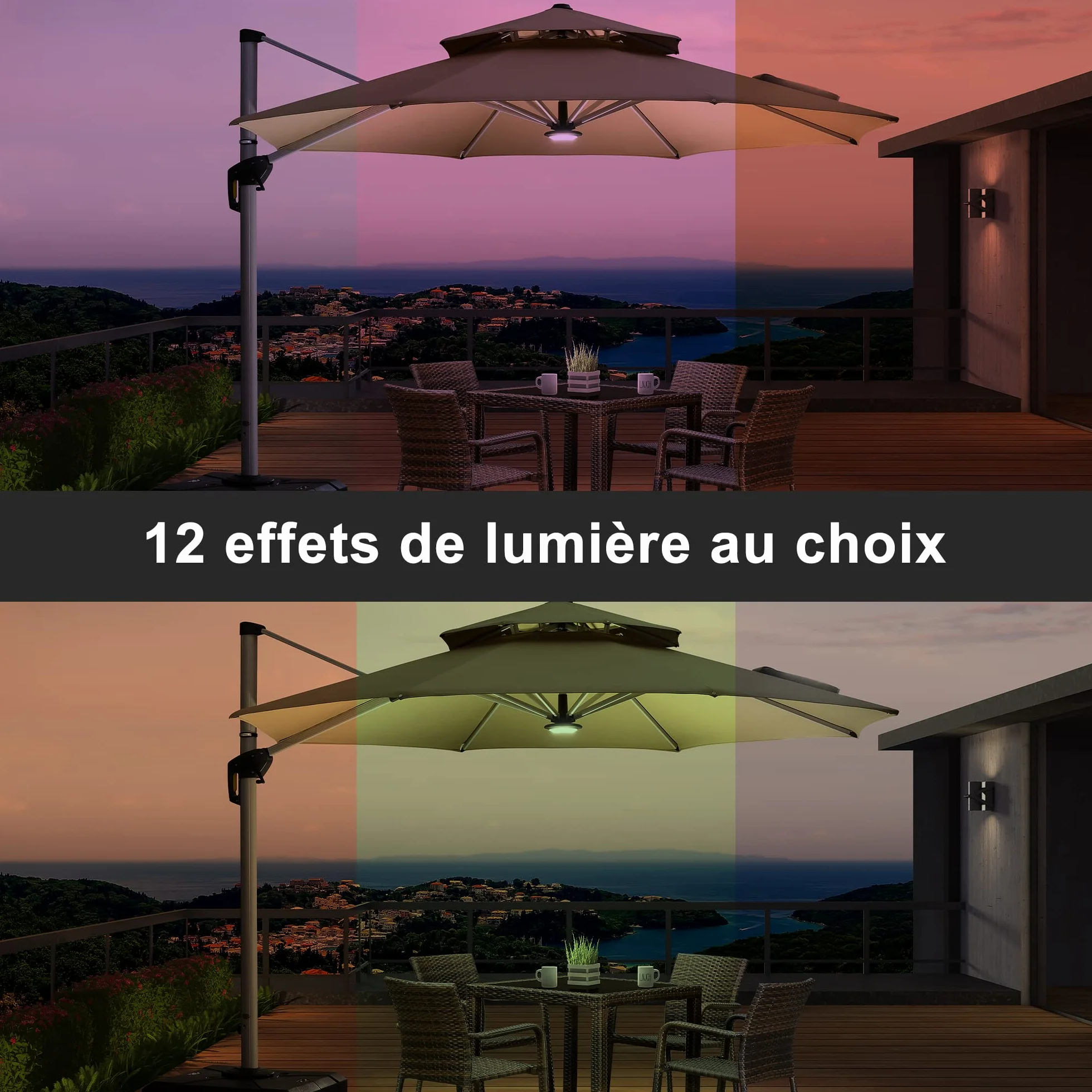 PURPLE LEAF Lampe Parasol Rechargeable RGB LED 12 Modes Lumière Parapluie Jardin Terrasse