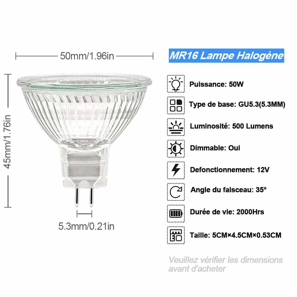 Ampoule Halogène GU5.3 50W 12V MR16 Dimmable 500LM 2700K Blanc Chaud Pack de 6