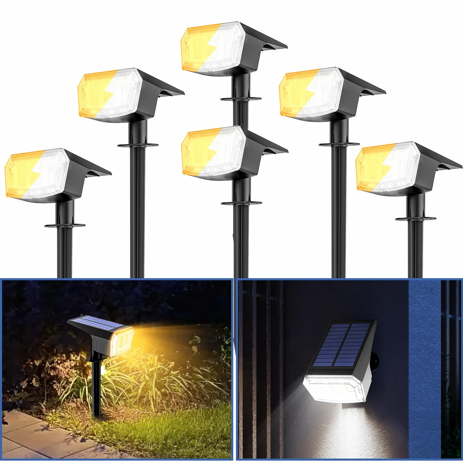 EVARY 63 LED Lampes Solaires d'Extérieur 6 Spots IP65 5 Modes Jardin