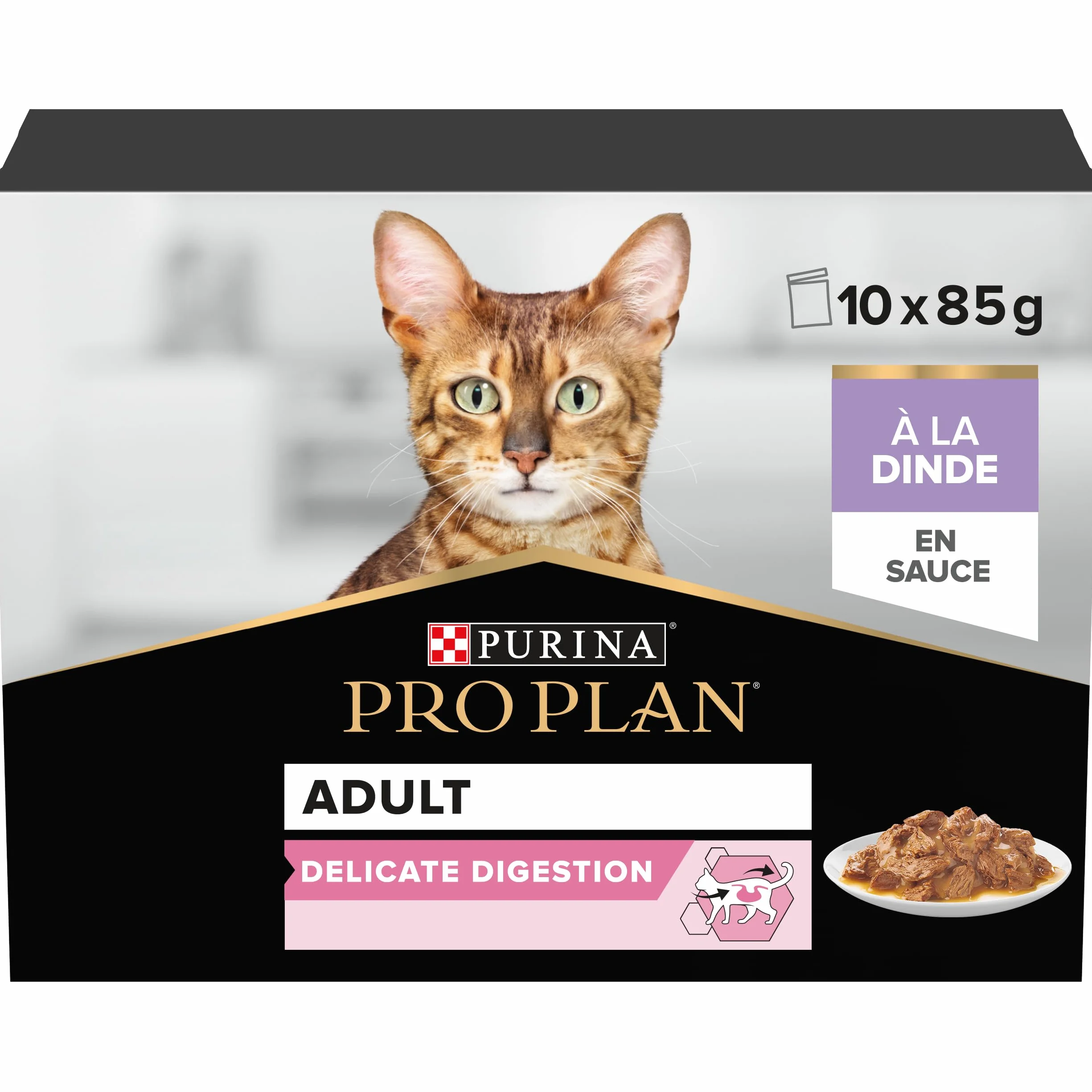 PURINA PRO PLAN Aliment Complet pour Chat Adulte DELICATE DIGESTION Effilés en Sauce à la Dinde 10x85g