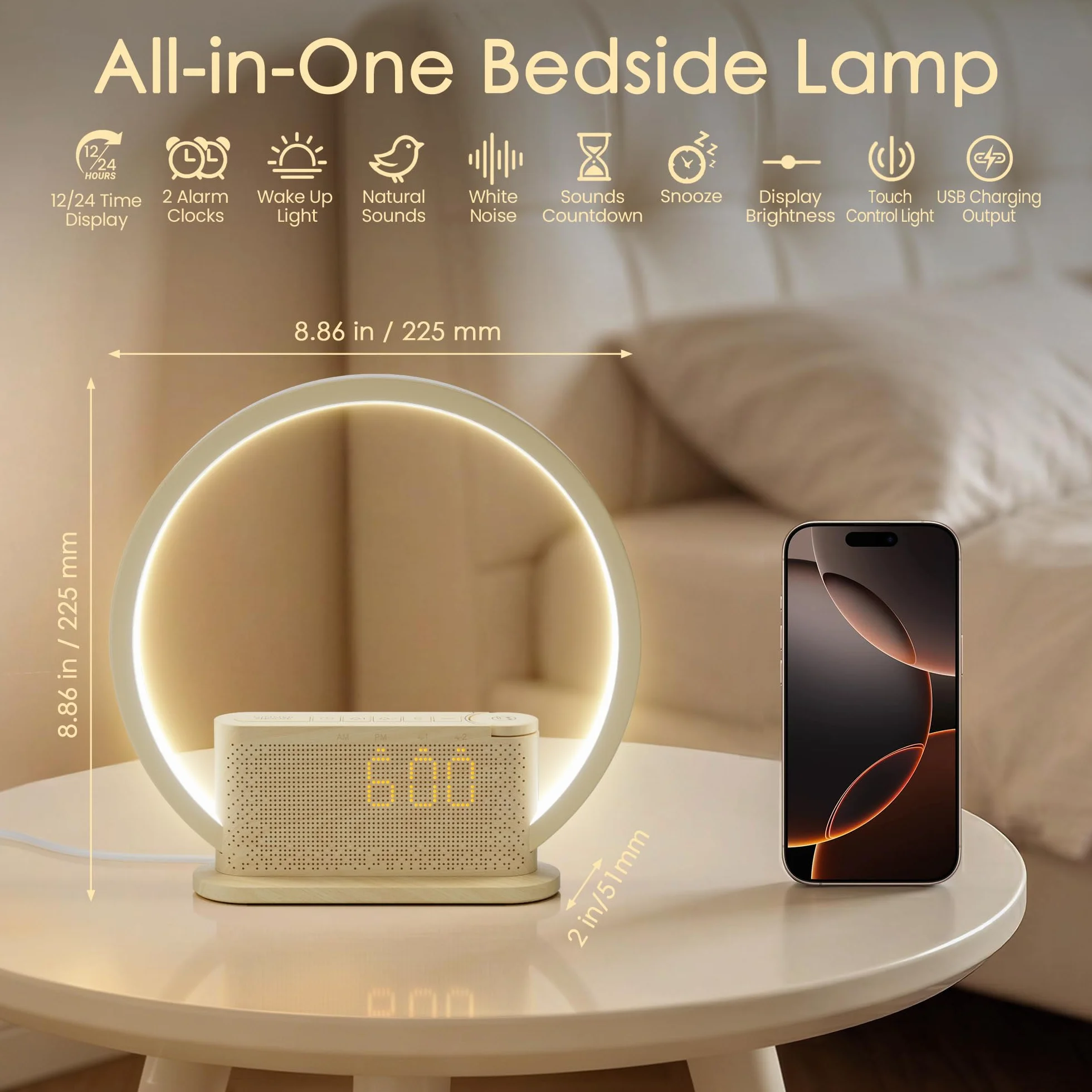 Lampe de réveil avec lumière naturelle imitant le lever du soleil, 3 niveaux de luminosité, 10 sonneries naturelles, port USB, veilleuse