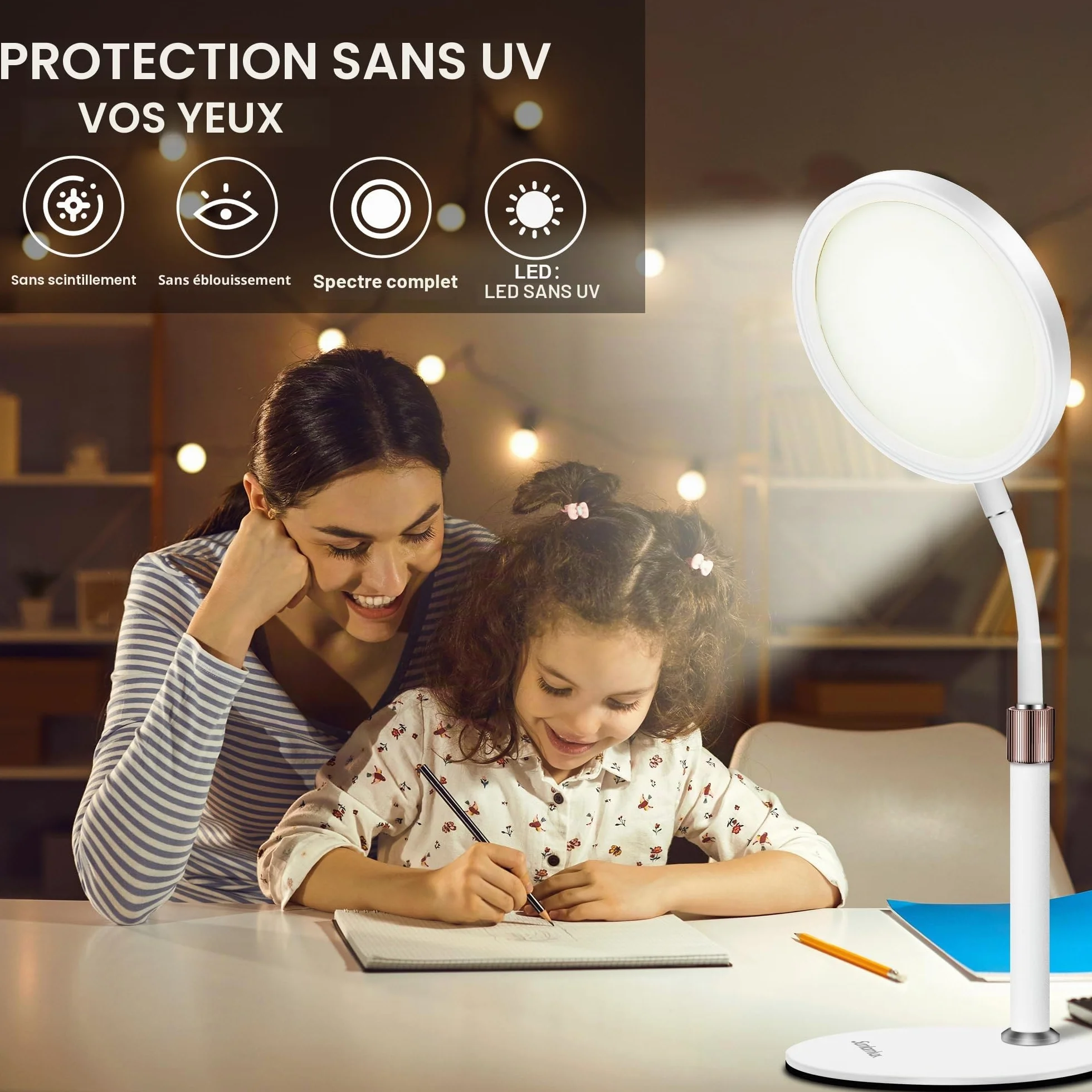 Lampe Lumière du Jour 10000 Lux, Lampe de Bureau avec Col de Cygne 360°, 3 Couleurs, 9 Luminosités, Minuterie 15/30/45 Min (Blanc)