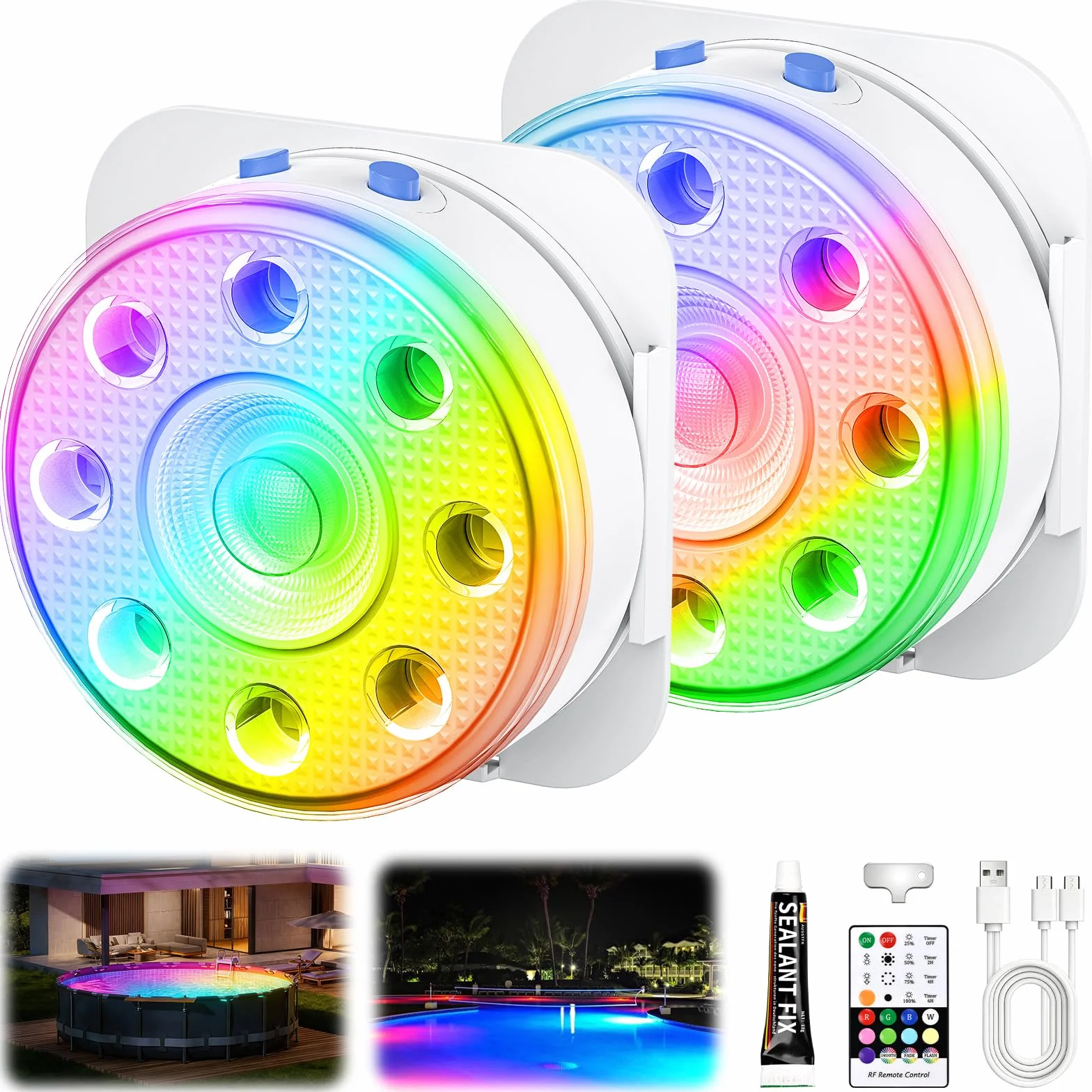 Lumiere Piscine LED RGB Submersibles Rechargeables IP68, 2 Lampes avec Télécommande, Éclairage Magnétique Flottant