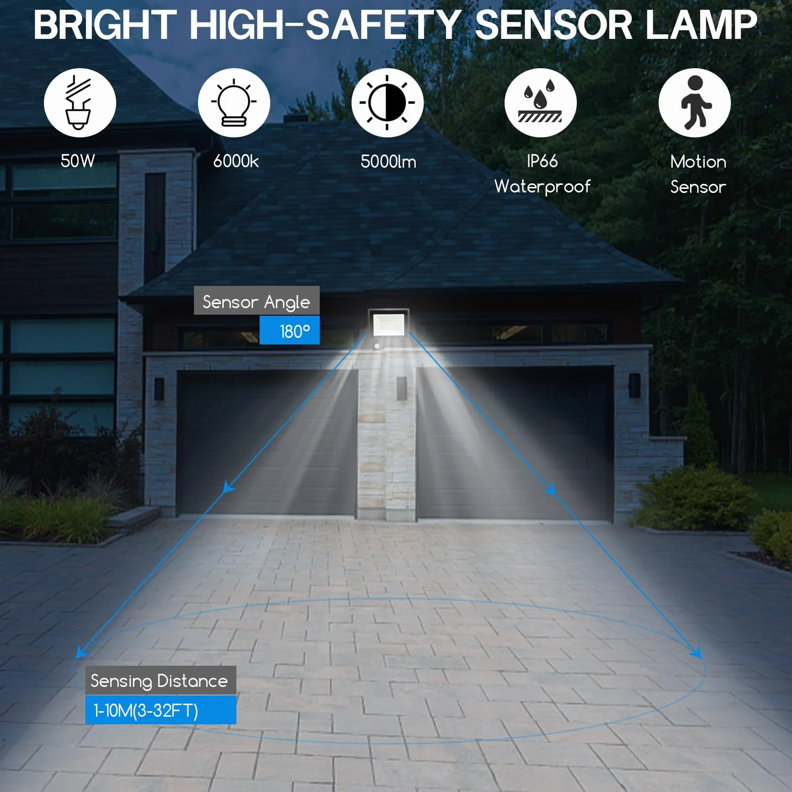 Projecteur LED Extérieur 50W 4500 Lumens 6500K IP66 Détecteur de Mouvement