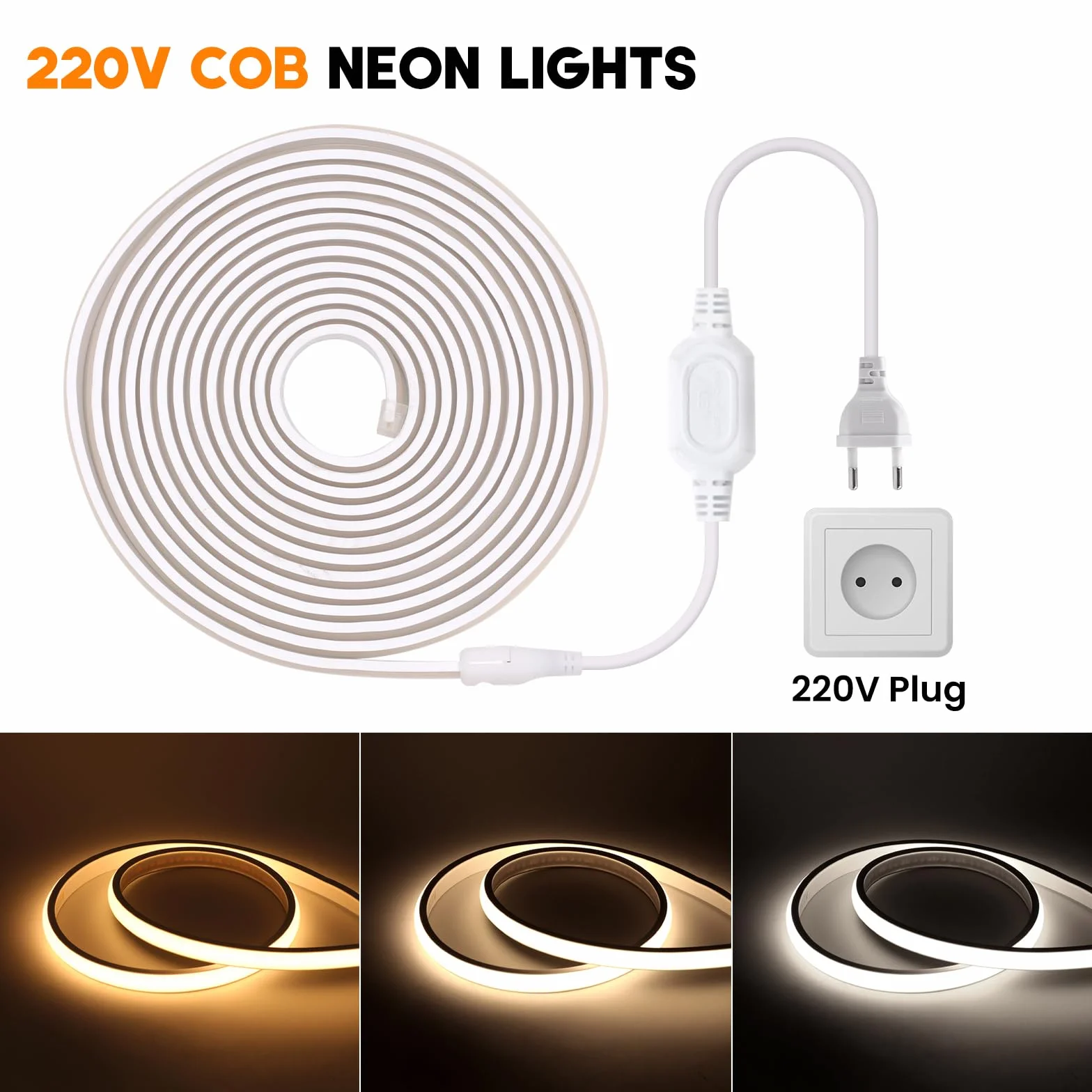 Bandeau LED COB 220V IP65 étanche Flexible néon LED Strip 288 Leds/m Blanc 4M