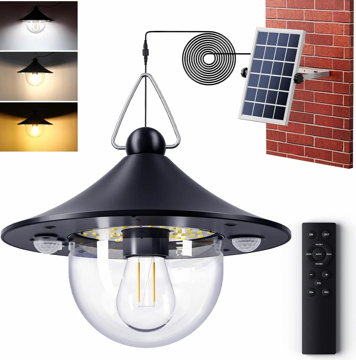 Lampe Solaire Exterieur IP65 Étanche 80 LED 2700K-6500K Détecteur de Mouvement Télécommande E27 Quntis Suspendue pour Pergola Jardin