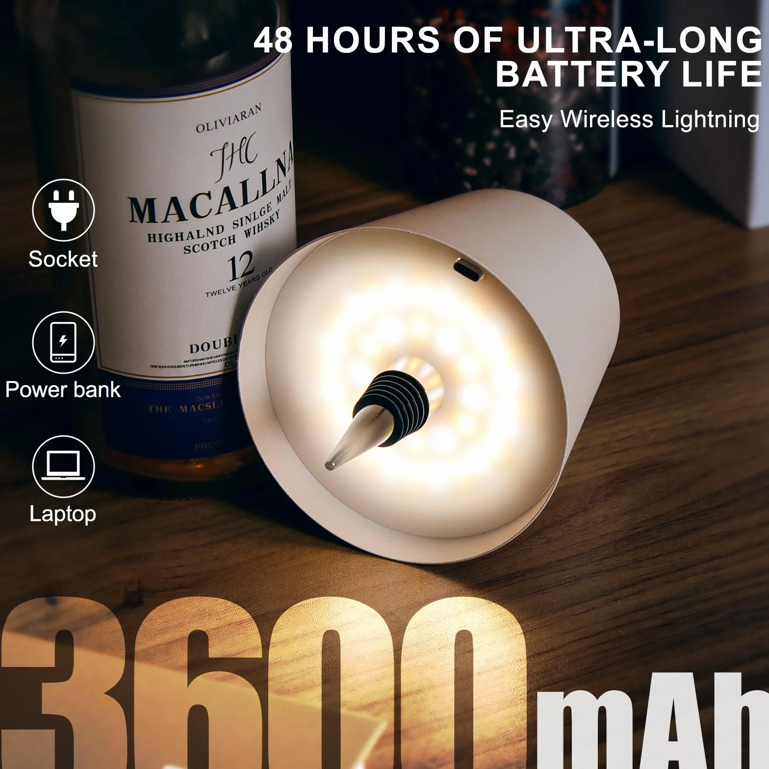 Lampe bouteille sans fil rechargeable USB, 3 couleurs intensité variable, lampe de bureau LED pour bar restaurant salon chambre