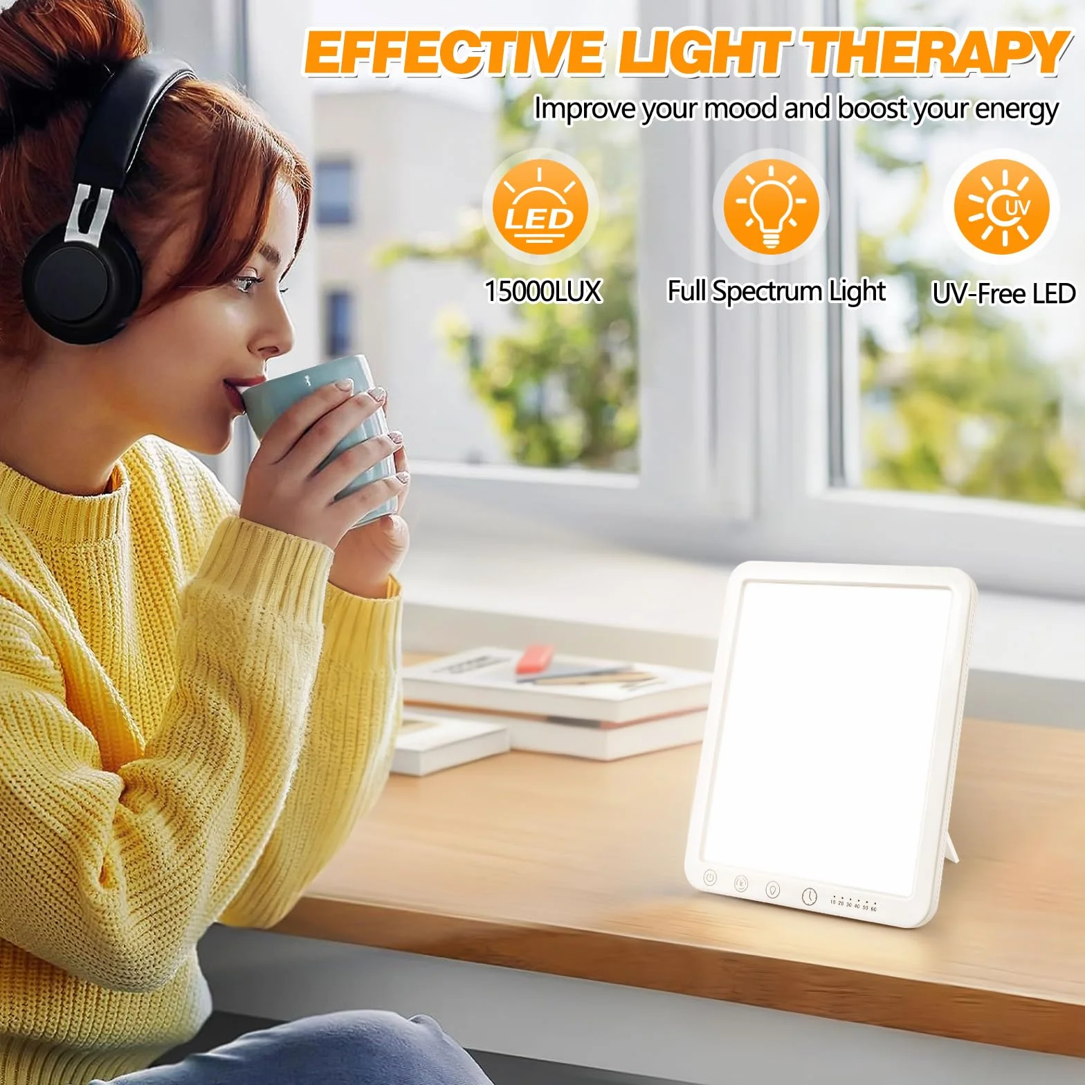 Lampe de Luminothérapie 15000 Lux, Lumière du Jour Compacte, Sans UV, 3 Températures de Couleur, 5 Niveaux de Luminosité