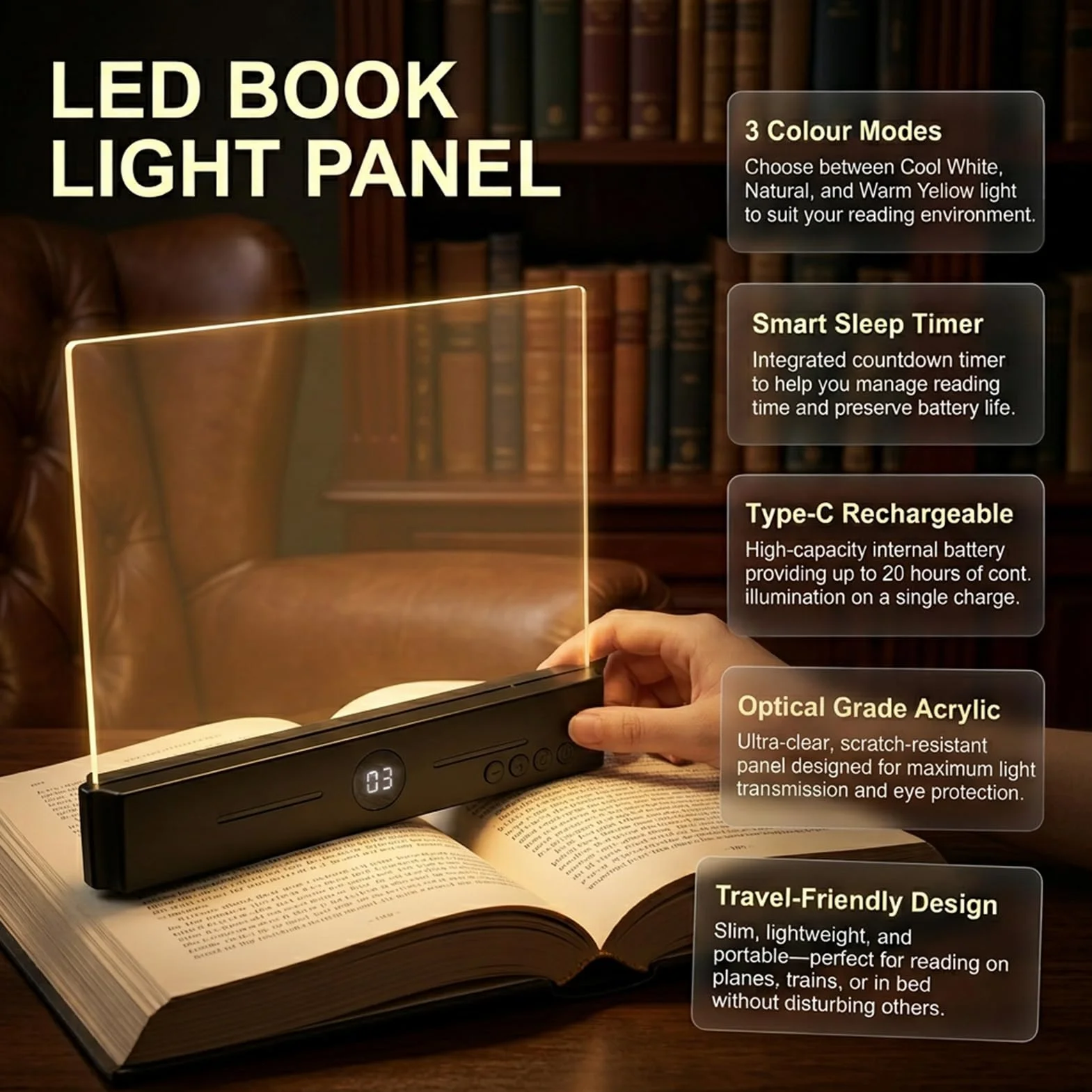 Lampe de Lecture LED Rechargeable USB avec Minuterie 0-99 Min, 3 Modes de Couleur, Intensité Réglable, Portable, Noir
