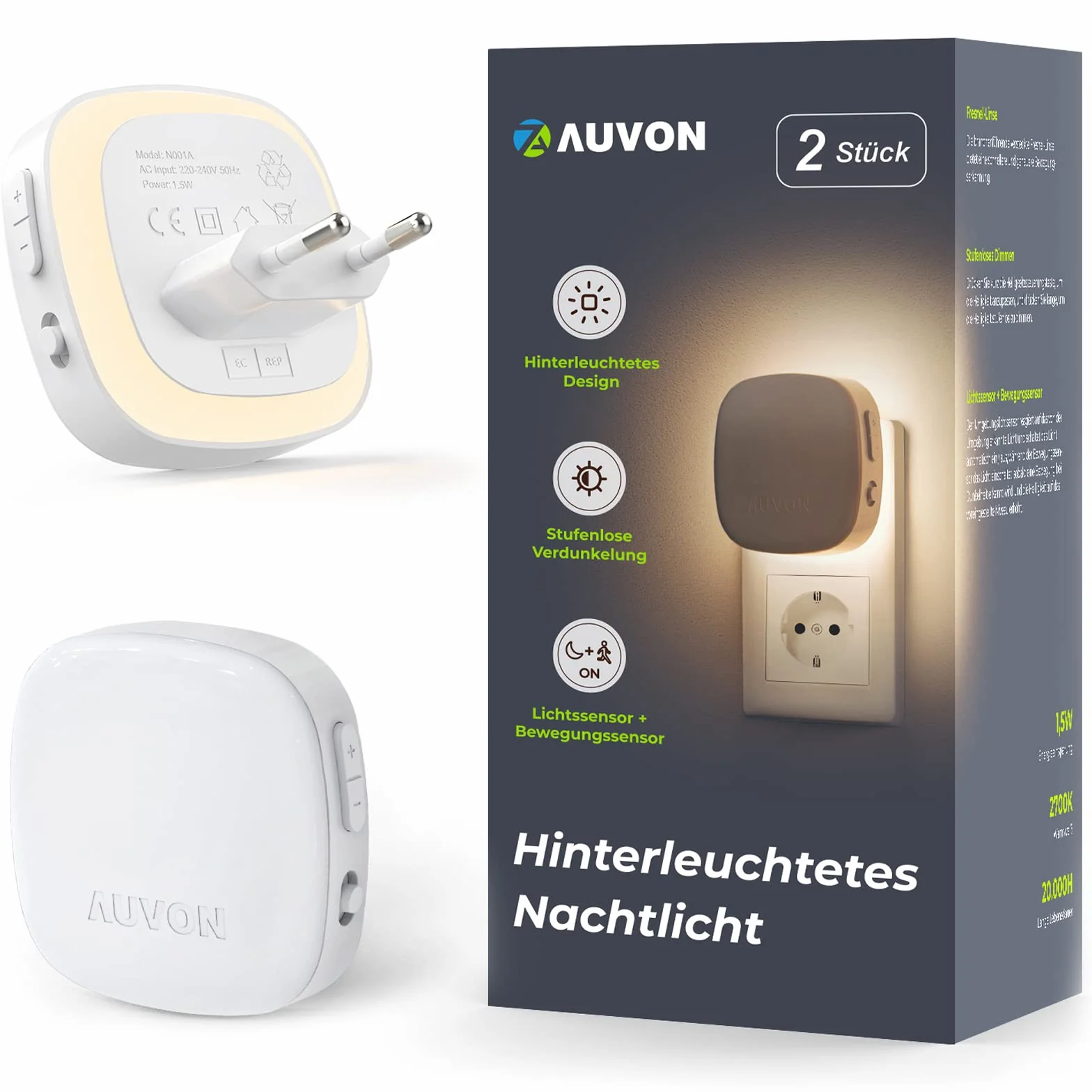 AUVON Lot de 2 veilleuses LED avec détecteur de mouvement, luminosité réglable 1-50 lm, blanc chaud