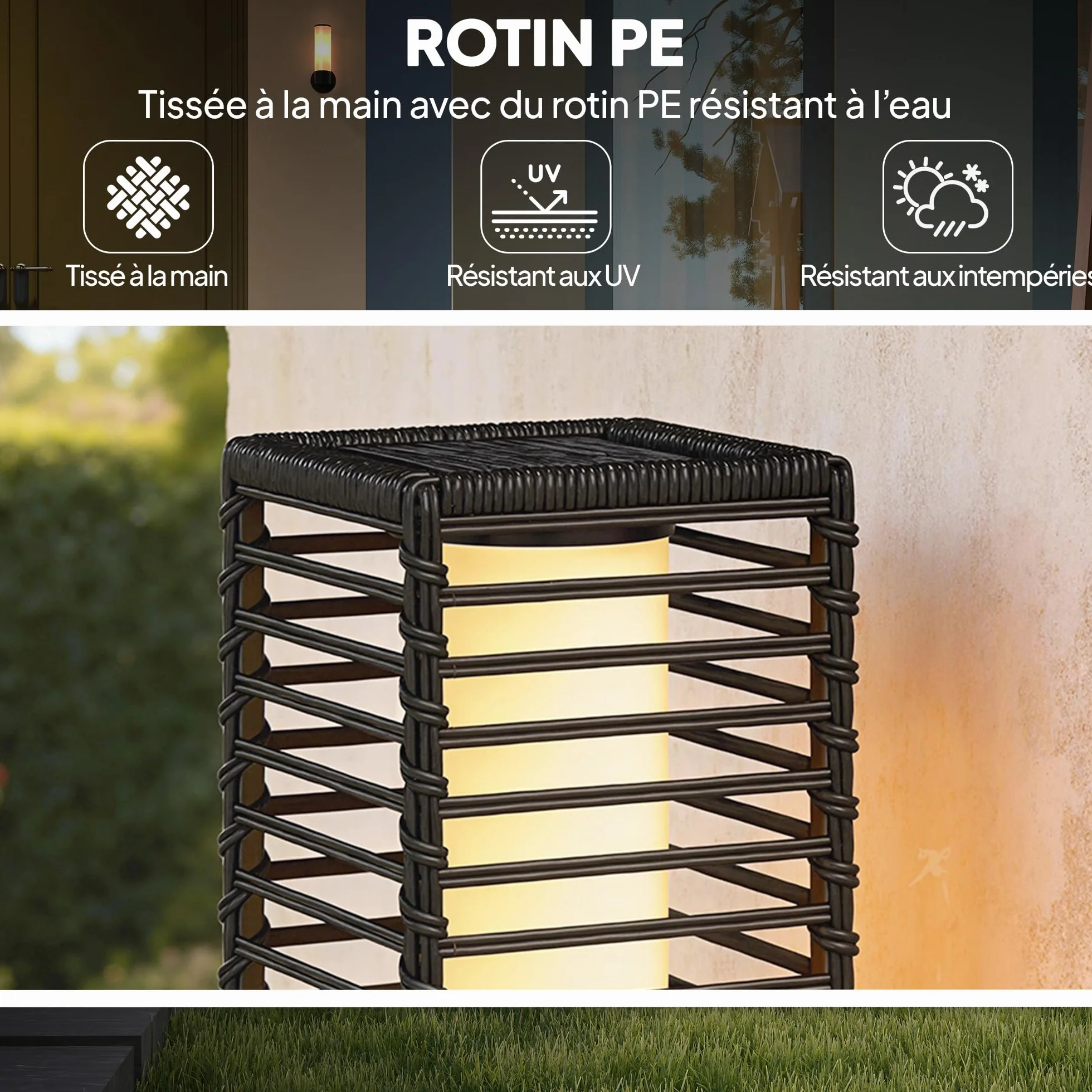 Outsunny Lanterne Solaire Extérieure Résine Tressée Noir Lampadaire sans Fil Rechargeable Capteur de Lumière LED