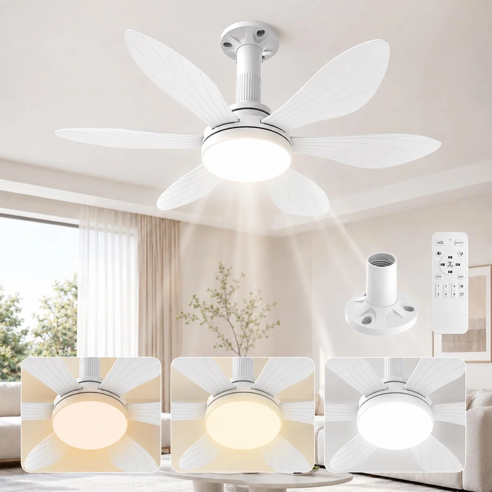 Hisummer 71cm Ventilateur de Plafond avec Lumière et Télécommande, E27, Silencieux pour Chambre
