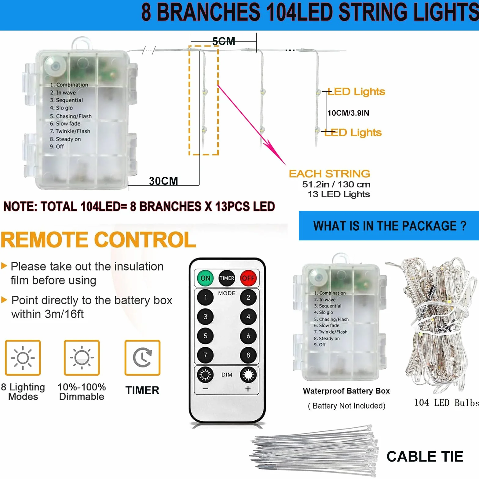 KINGCOO Guirlande Lumineuse Parasol 104LED Etanche Lampes pour Parasol de patio à piles Télécommande 8 Modes Blanc chaud