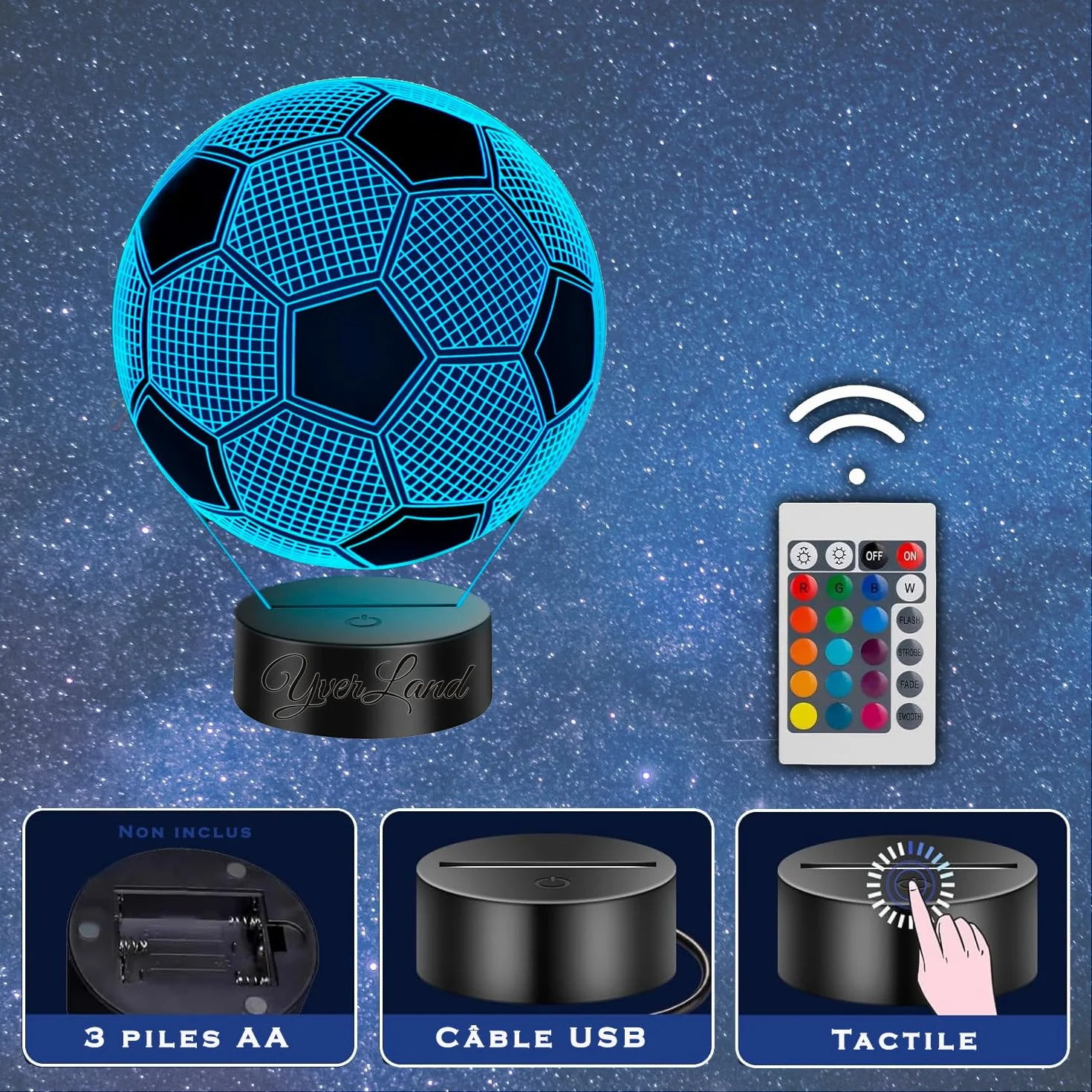 Lampe LED 3D Ballon de football Cadeaux originaux pour enfants 5-10 ans Lampe de chevet Piles Câble USB