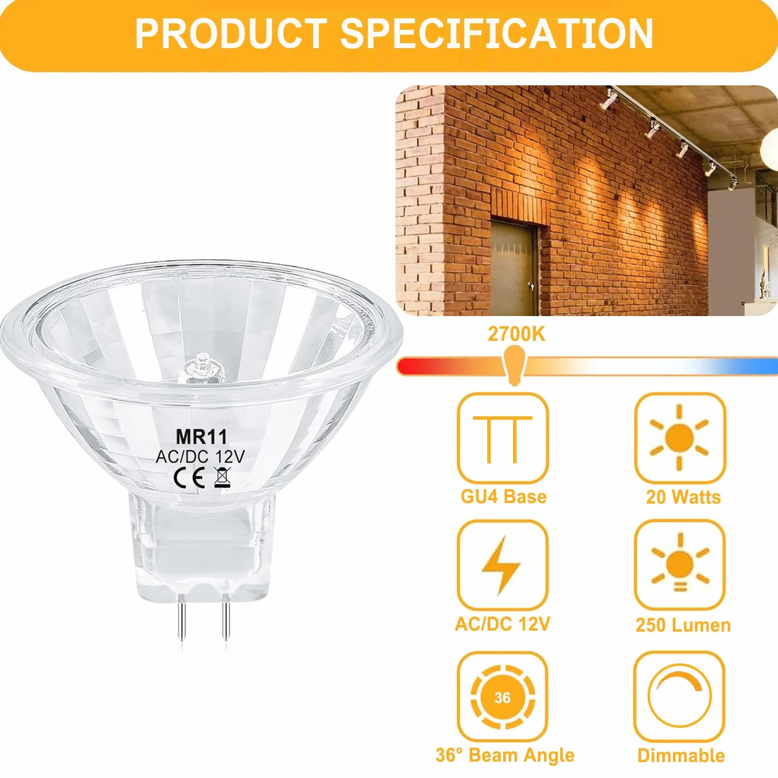 Ampoule Halogène MR11 GU4 12V 20W 35mm Dimmable Blanc Chaud 2700K Lot de 6