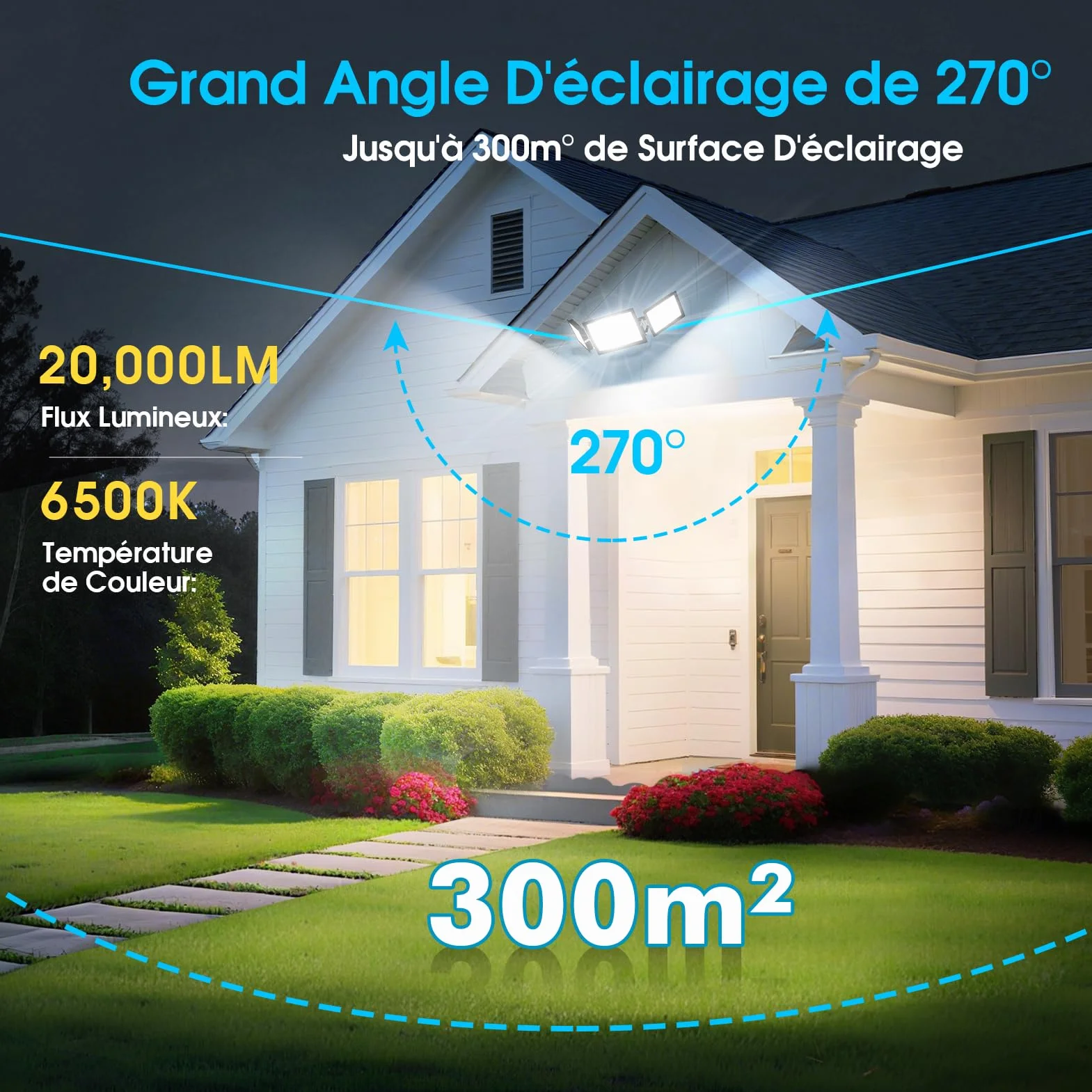 Projecteur LED Extérieur 200W 20000LM 6500K IP65 3 Têtes Réglables