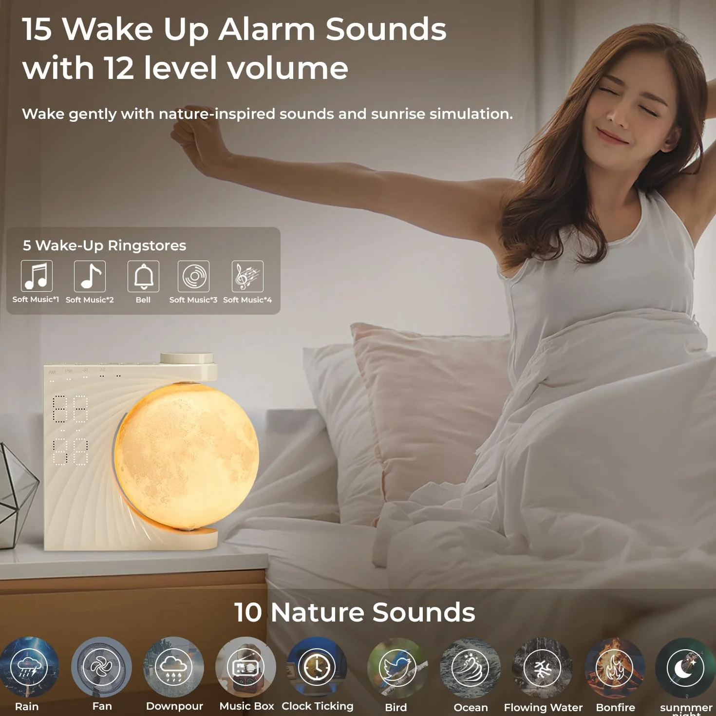 Lampe de Lune avec Réveil Lumineux LED 8 Couleurs, Machine Sonore, Double Alarme, Snooze, 10 Sons Nature