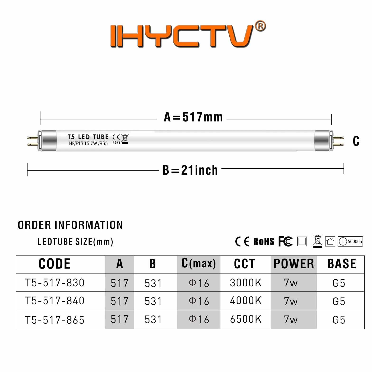 T5 LED Tube 7W 517mm 6500K Blanc Froid 910 Lumens G5 Remplace 13W Fluorescent Compatible EVG/KVG