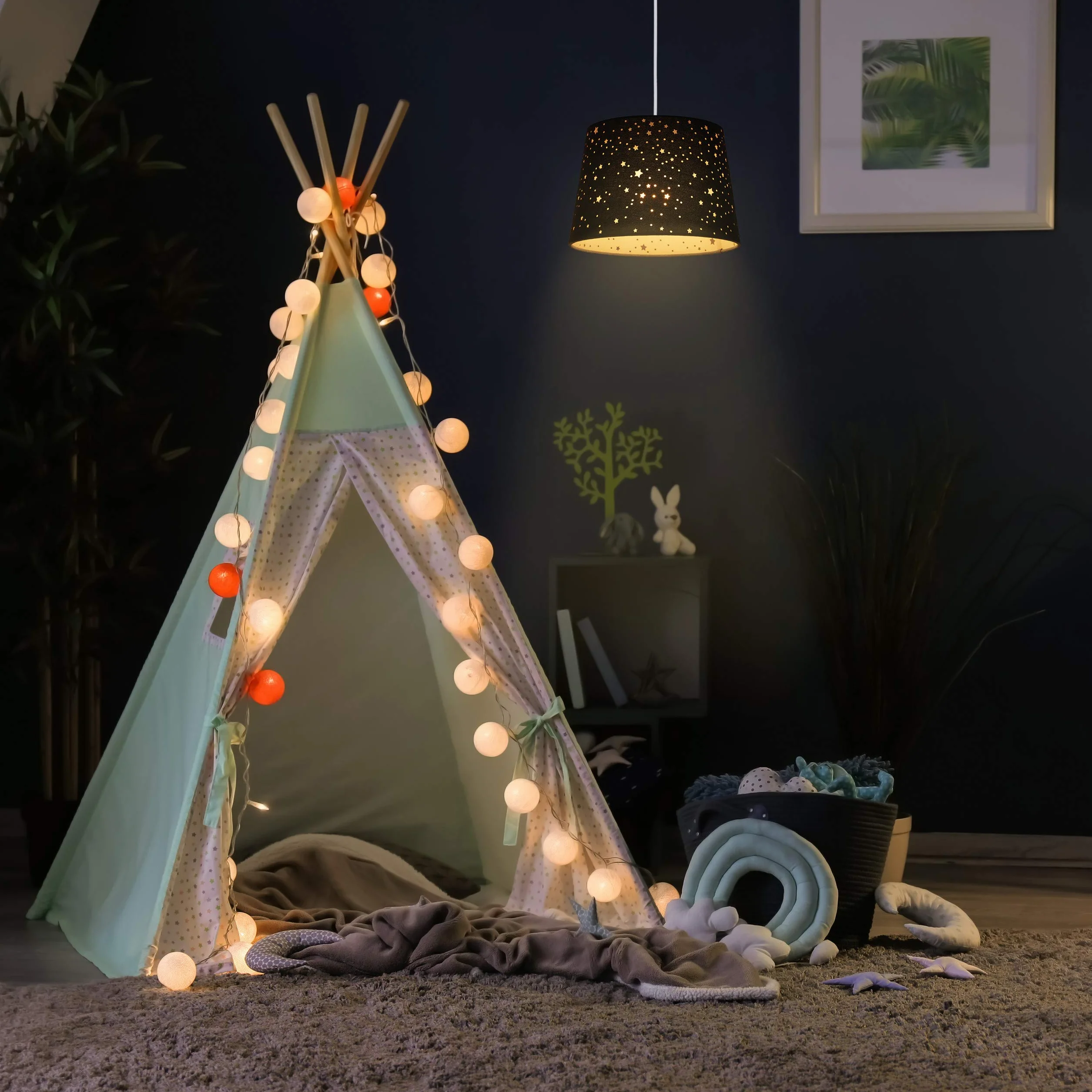 Relaxdays Lampe pour chambre motif ciel étoilé, enfants, abat-jour rond, bleu, 122 x 27 x 27 cm