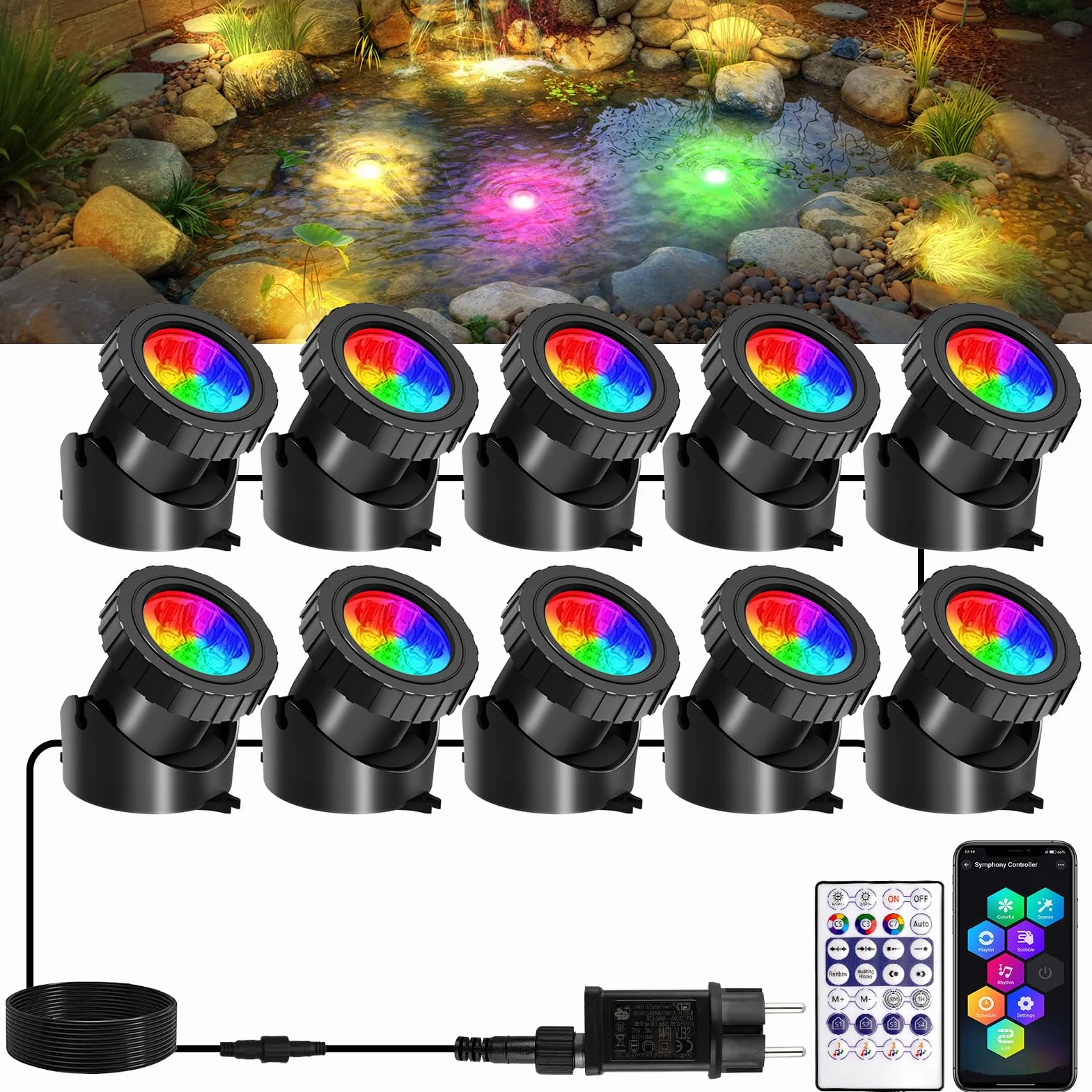 Lumières LED Submersible RGB IP68 Etanche avec Télécommande APP, Sync Musique, Lampes de Piscine 10 en 1