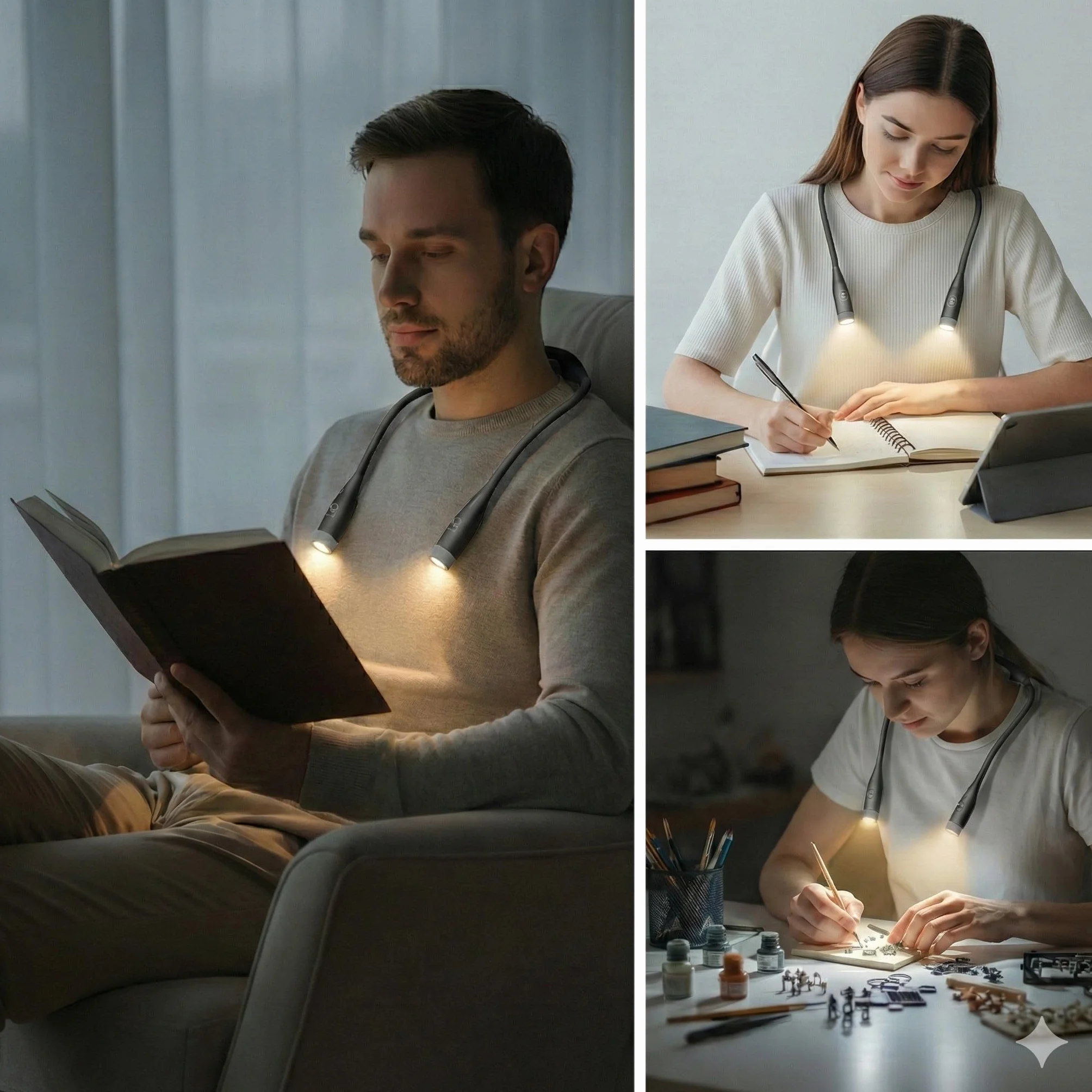 QUMOX Lampe de lecture rechargeable LED, 3 modes couleur, intensité réglable, mains libres flexible, noir