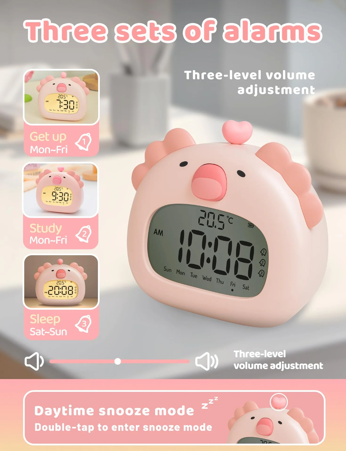 IHALO Cute Axolotl Réveil Enfant avec Veilleuse Écran LED 3,15 Pouces Rechargeable