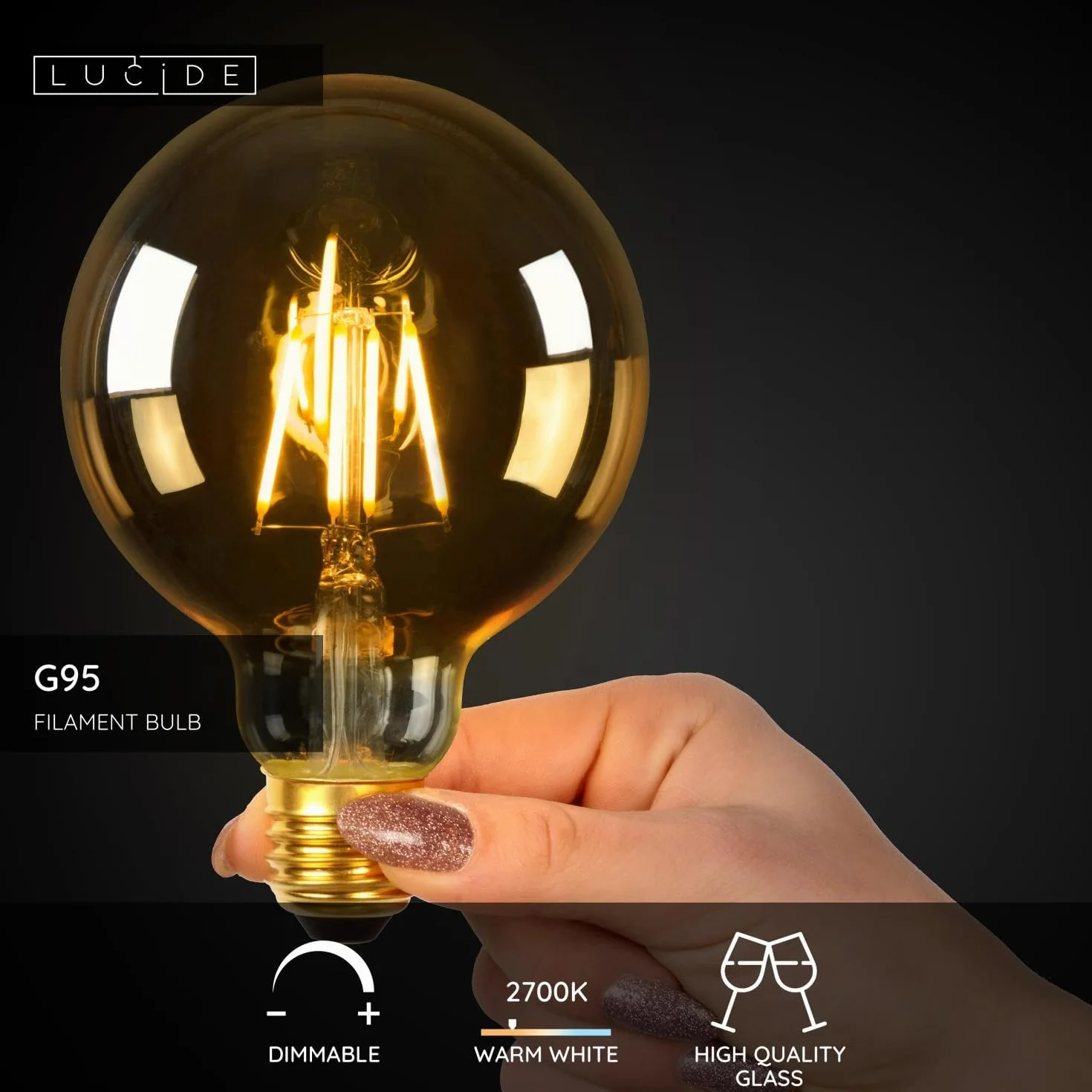 LUCIDE G95 Ampoule filament LED Dim. E27 1x5W 2700K Ambre Ø 9,5 cm