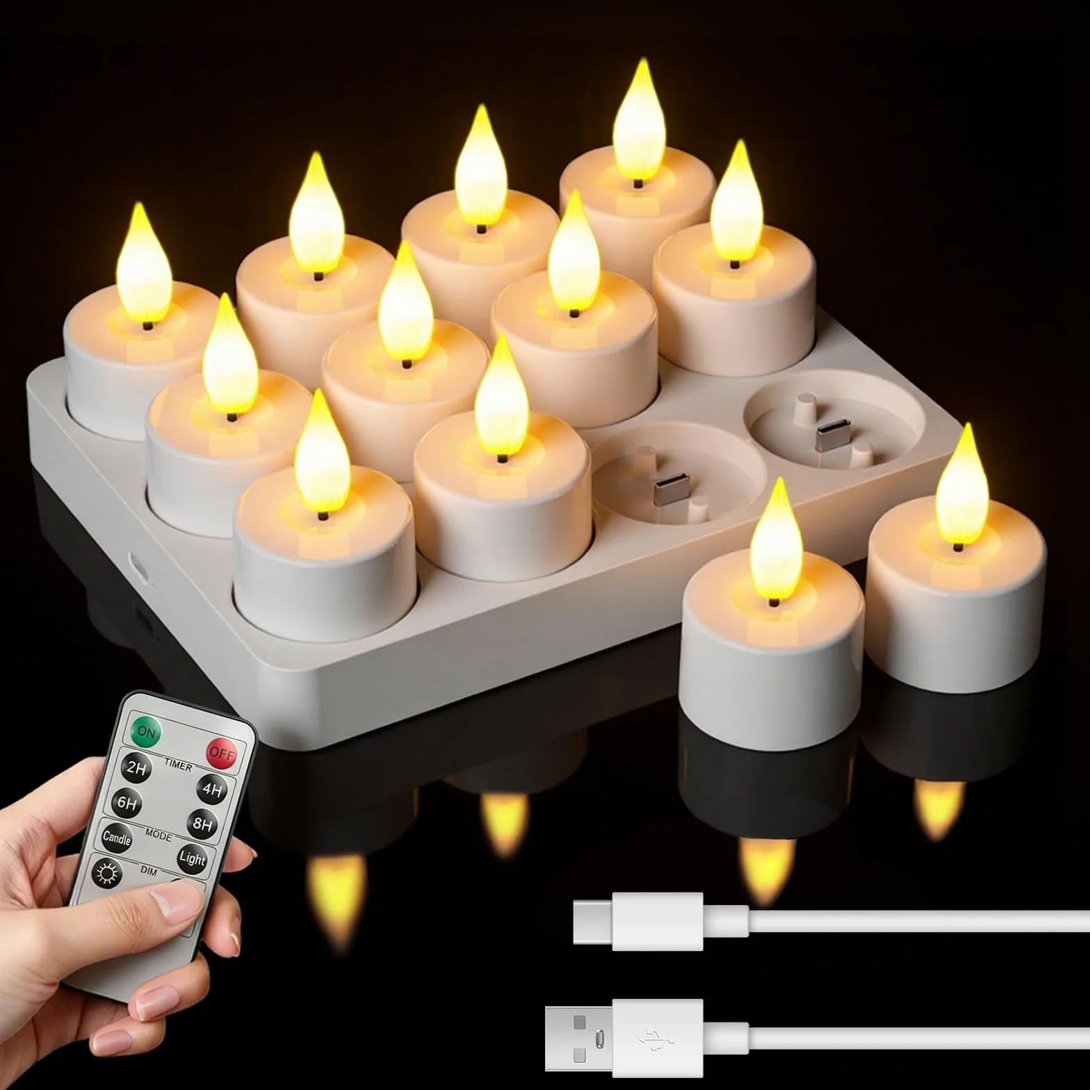 Bougie LED Rechargeable avec Télécommande et Minuterie, 100 Heures Fausse Bougie Flamme Vacillante, Décoration Noël Halloween
