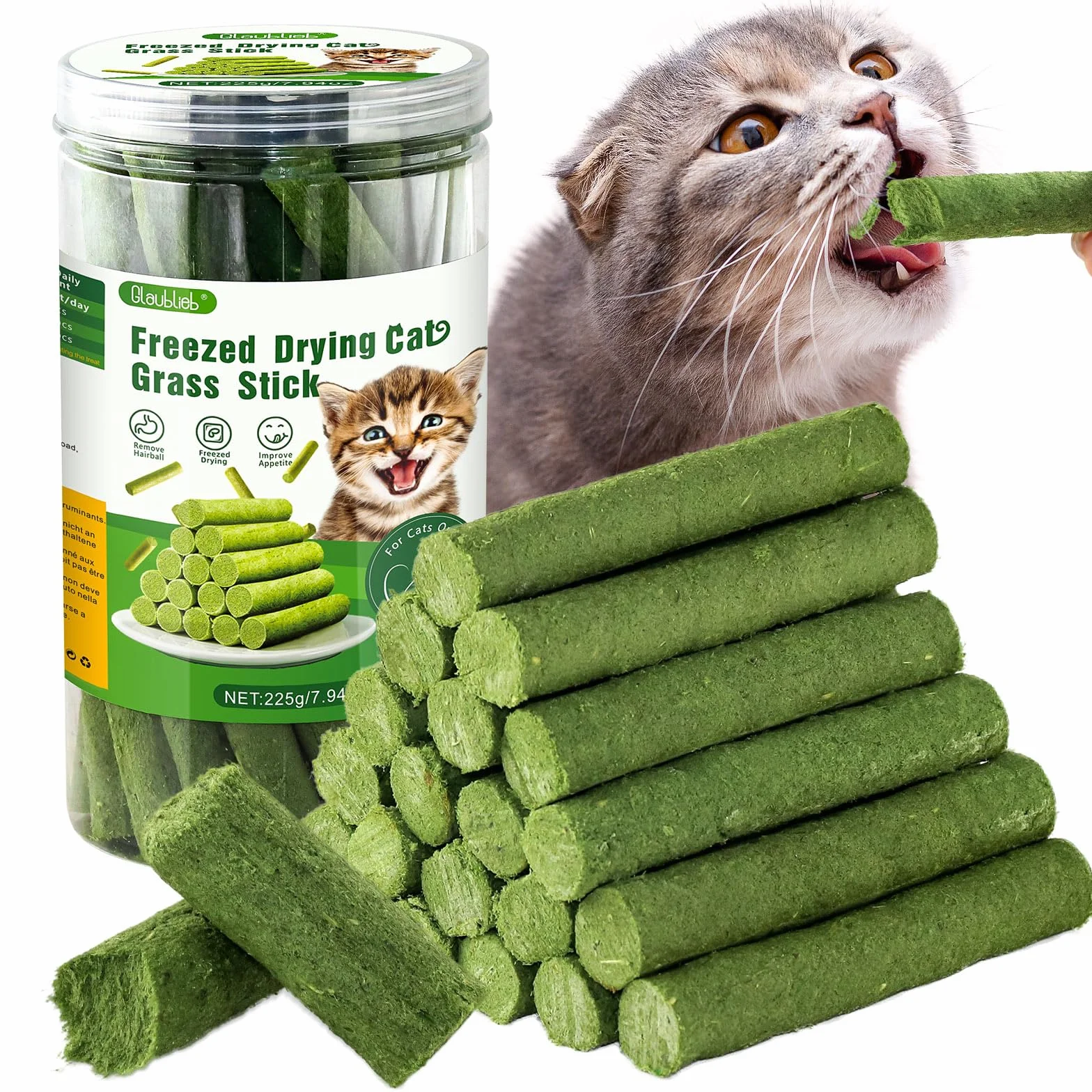 Bâton d'herbe à Chat Lyophilisé 225g, Friandises pour Chats, Nettoyage des Dents et Boules de Poils