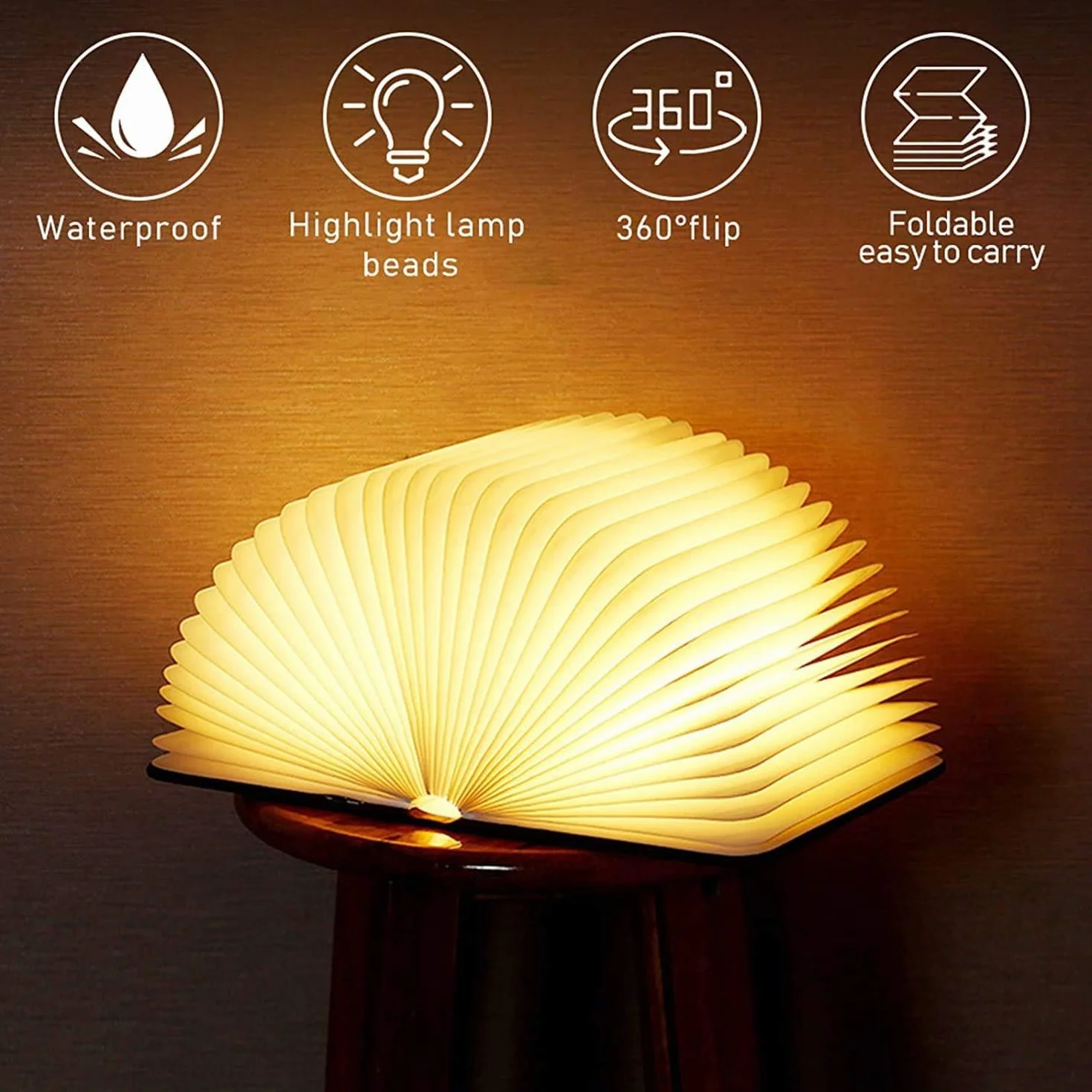 Lampe de livre pliable rechargeable USB, éclairage d'ambiance blanc chaud, 12 x 9 x 2,5 cm, lampe de bureau, veilleuse