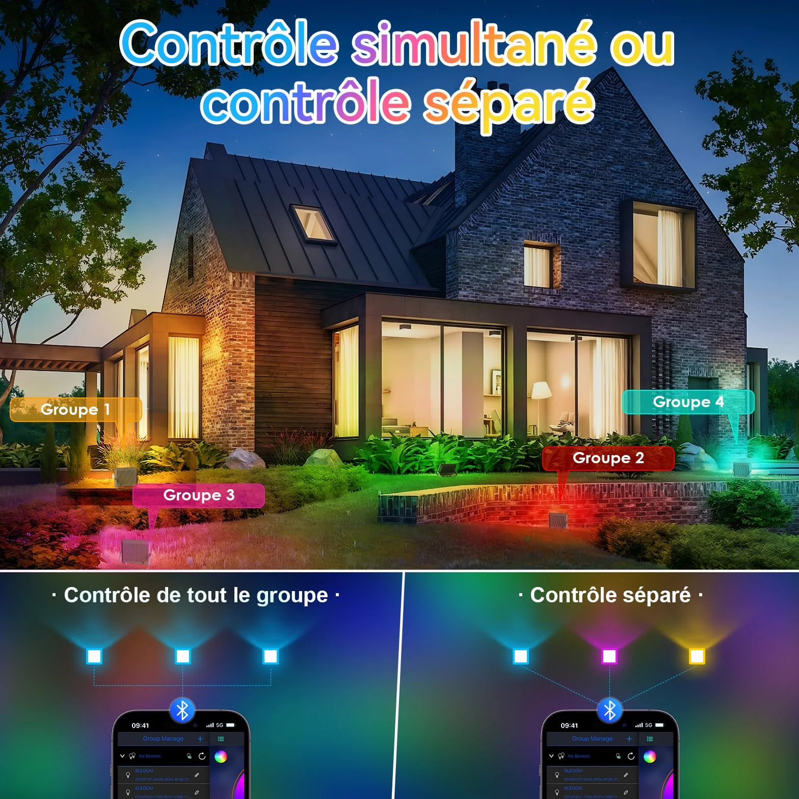 Projecteur LED RGB 100W Extérieur IP66 Étanche avec APP Bluetooth 2.4G Télécommande 10000LM