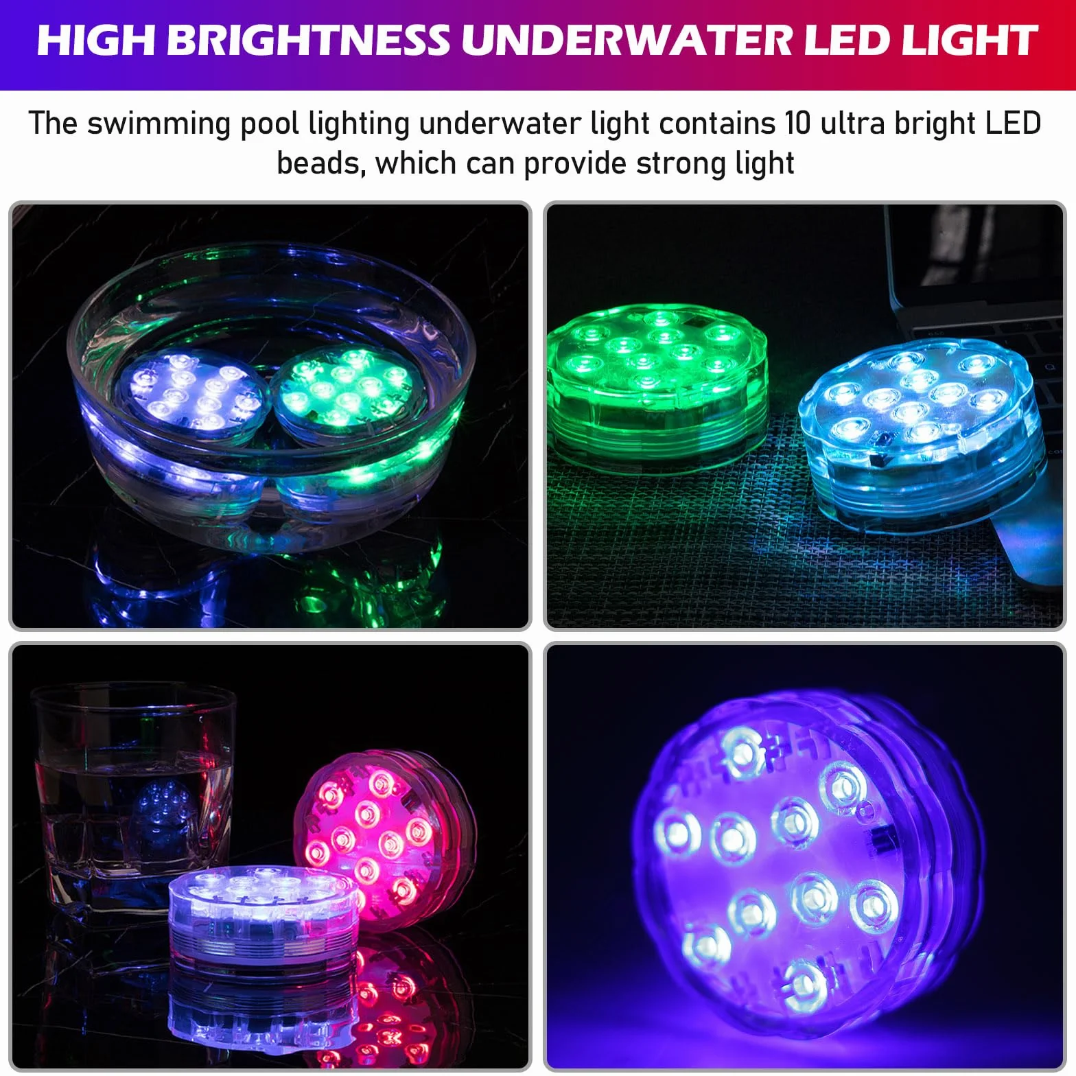 Lampe Piscine LED Submersible IP68 Étanche Multi-Couleur 4 Pièces