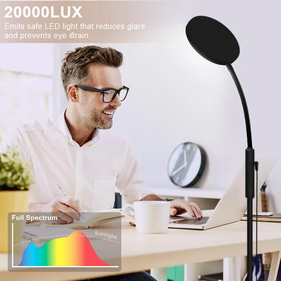 Mojimdo Lampadaire 20000 Lux Lampe à lumière du jour LED flexible intensité variable 5 couleurs 10 niveaux luminosité minuterie