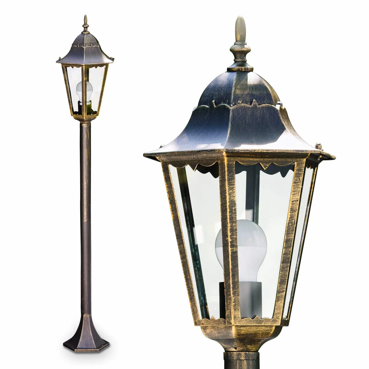 Lampe d'extérieur Hongkong lampadaire antique fonte aluminium brun or verre dépoli 120 cm E27 IP44