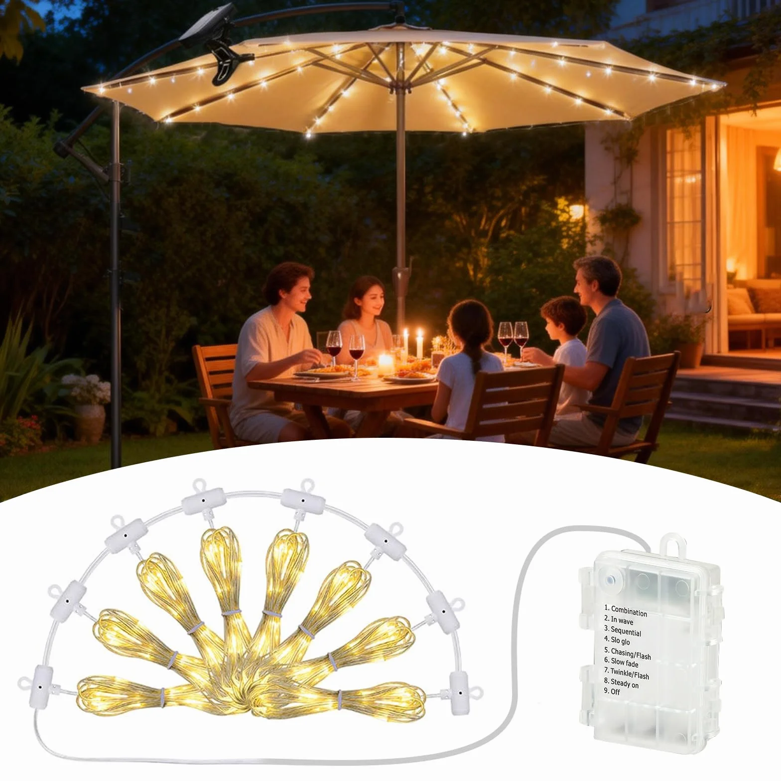 Guirlande Lumineuse pour Parasol 104LED avec Télécommande, Étanche pour Patio et Jardin