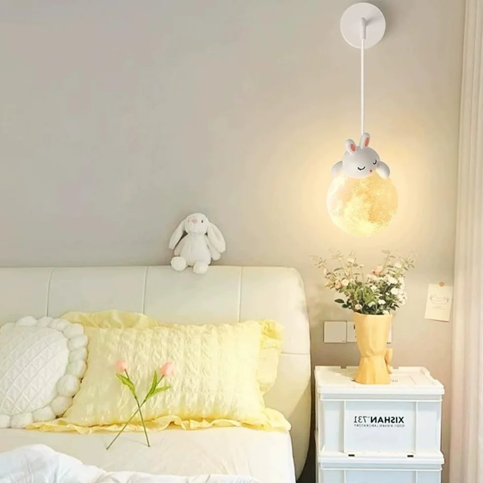 Applique murale filaire chambre enfant 3D boule lune lapin panda ours nordique blanche intensité variable