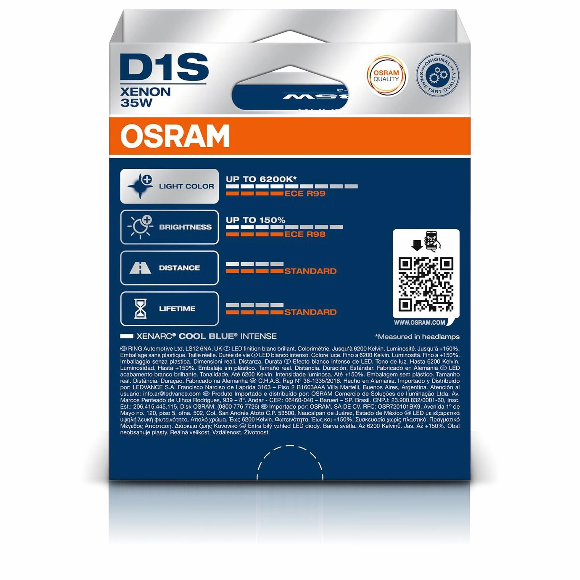 Osram XENARC® COOL BLUE® INTENSE D1S +150% luminosité 6200K lampe phare xénon look LED boîte pliante (2 lampes)
