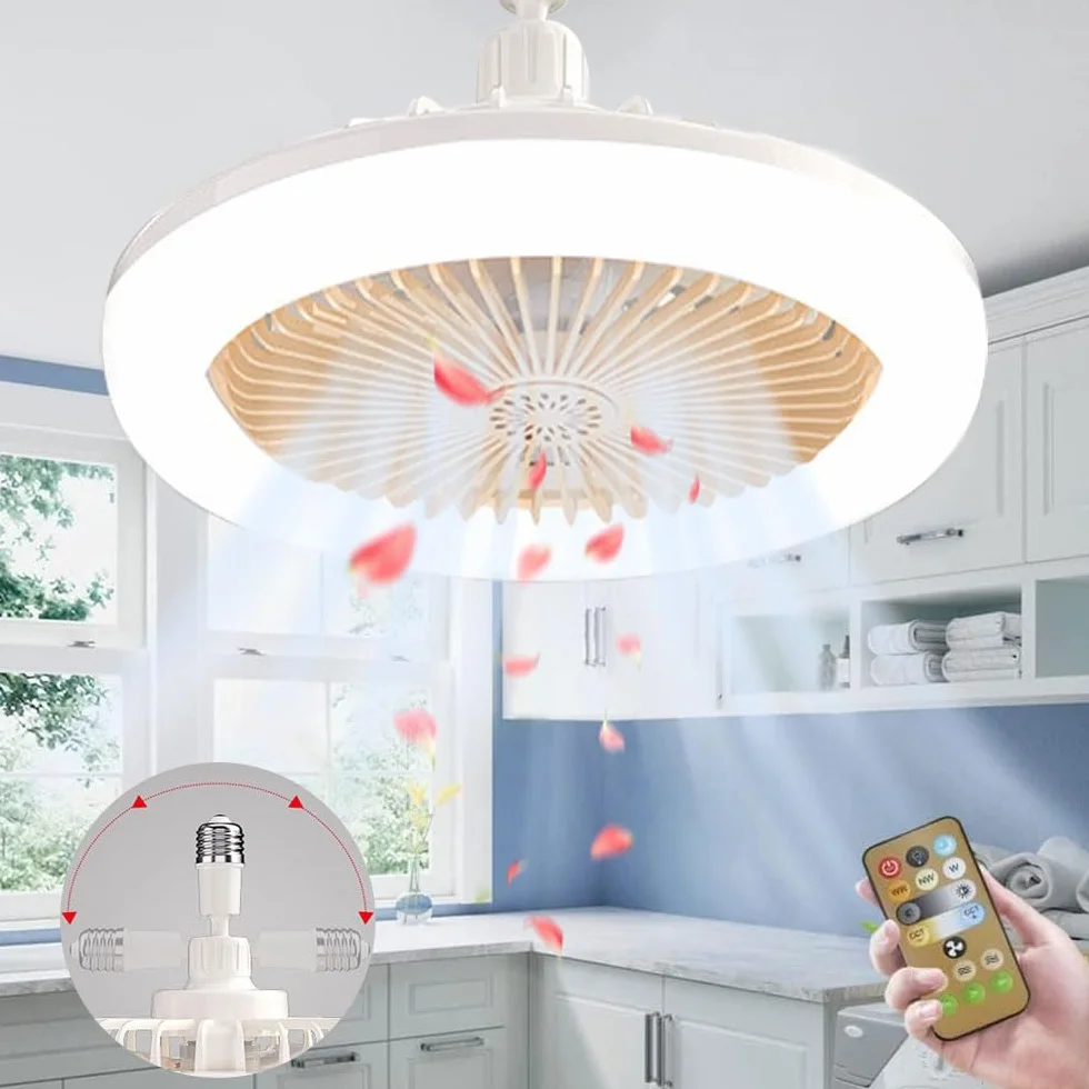 Ventilateur de Plafond avec Lumière E27 Silencieux Télécommande 25cm Jaune