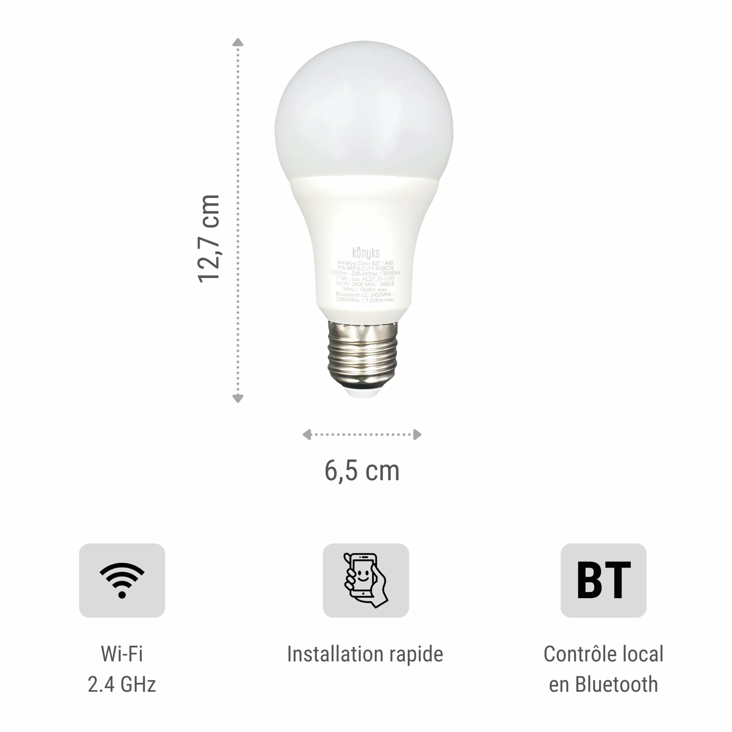 Konyks Ampoule connectée Antalya Color E27 LED WiFi BT 1055 Lumens 11 W Couleurs Blanc réglable compatible Alexa Google Home