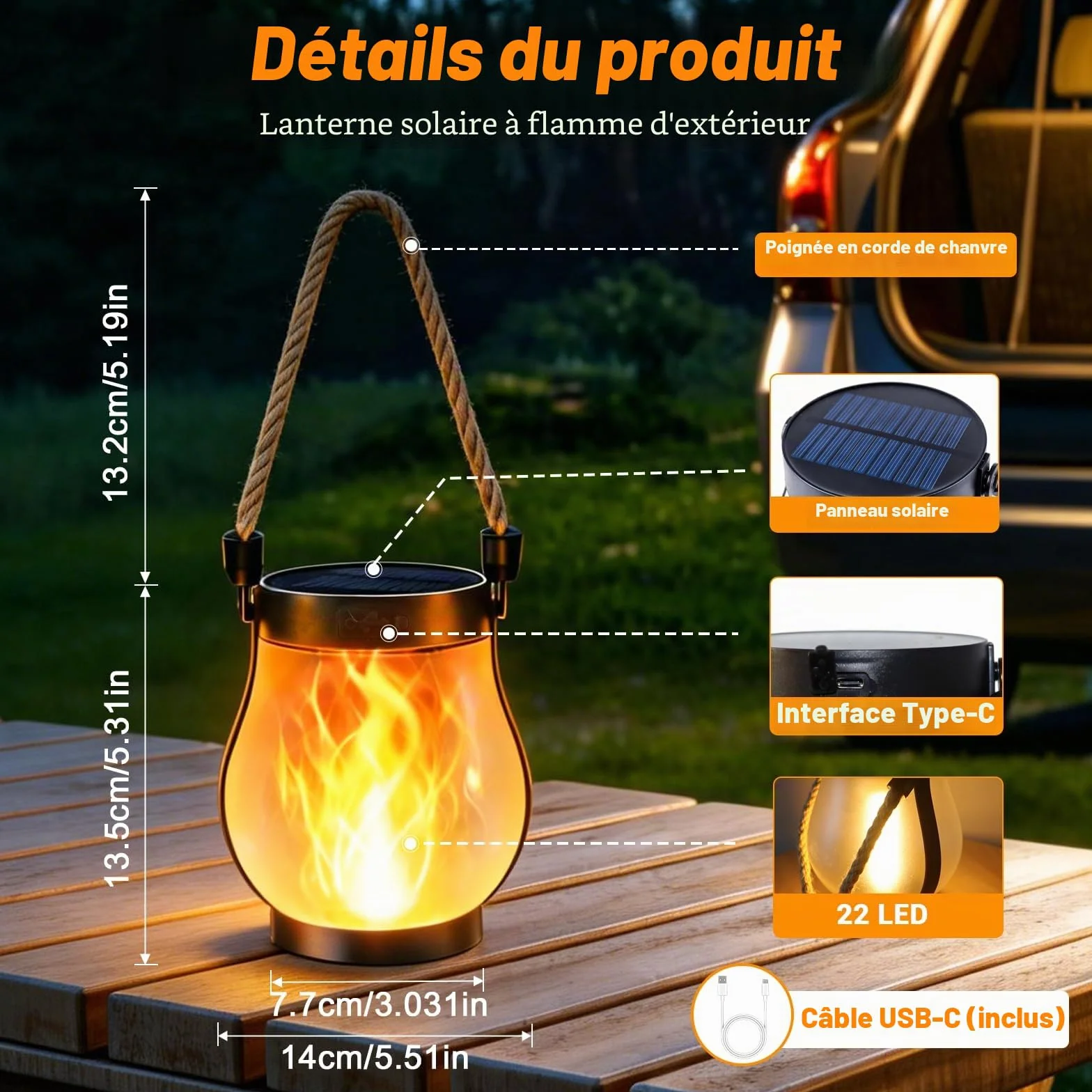 Lanternes solaires extérieures étanches flamme vacillante double charge USB solaire Lot de 2