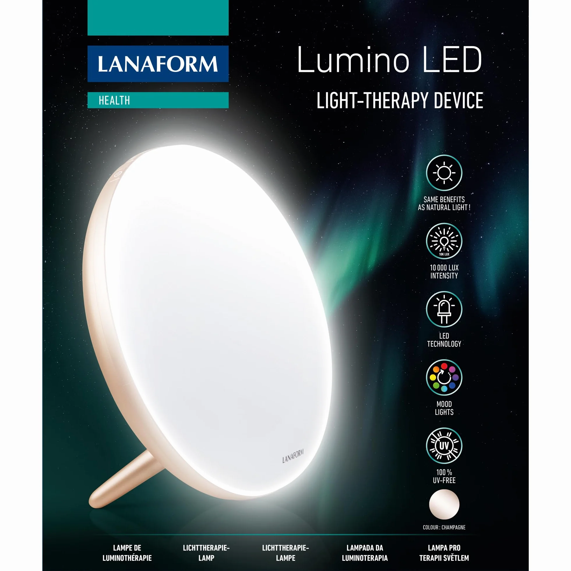 Lampe Luminothérapie LANAFORM Lumino LED Gold 10000 Lux Sans UV Réglable 5 Intensités