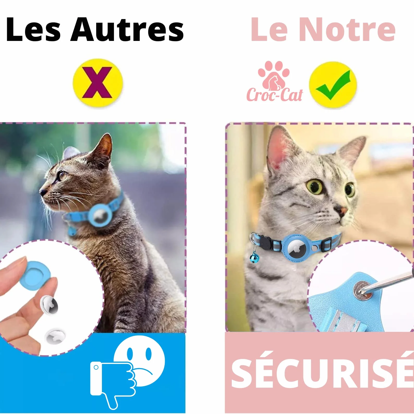 Collier Chat Croc-Cat Compatible Apple AirTag Localisation Léger Confortable Sécurité Maximale