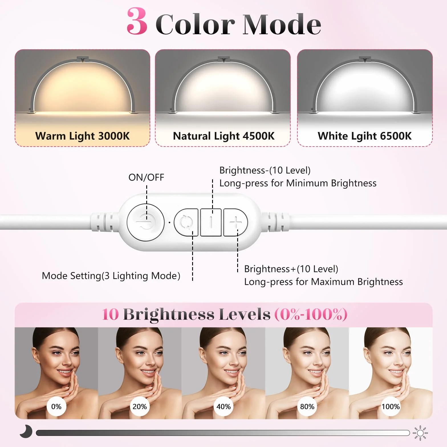 Lampe Demi-lune pour Ongles 23" 3 Modes de Couleur 10 Niveaux de Luminosité Réglables Blanc