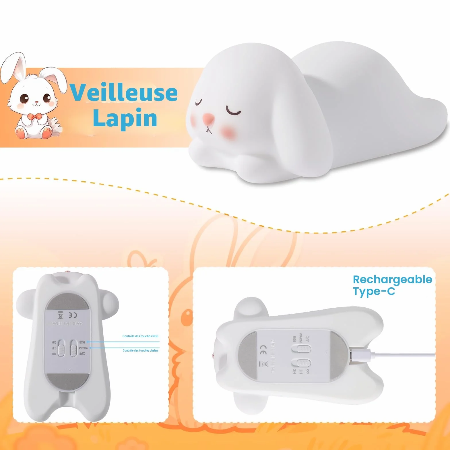 ZKLiLi Mignon Lapin Enfants Silicone Night Light, 7 Couleurs, Tactile, USB